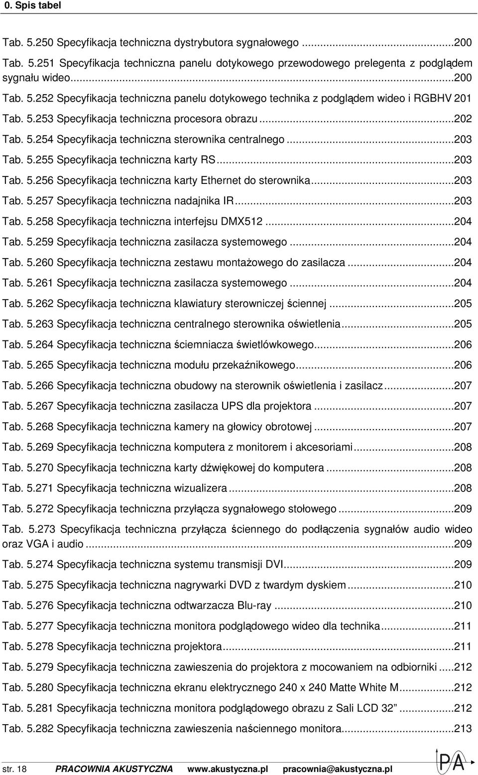 .. 203 Tab. 5.257 Specyfikacja techniczna nadajnika IR... 203 Tab. 5.258 Specyfikacja techniczna interfejsu DMX512... 204 Tab. 5.259 Specyfikacja techniczna zasilacza systemowego... 204 Tab. 5.260 Specyfikacja techniczna zestawu montaŝowego do zasilacza.