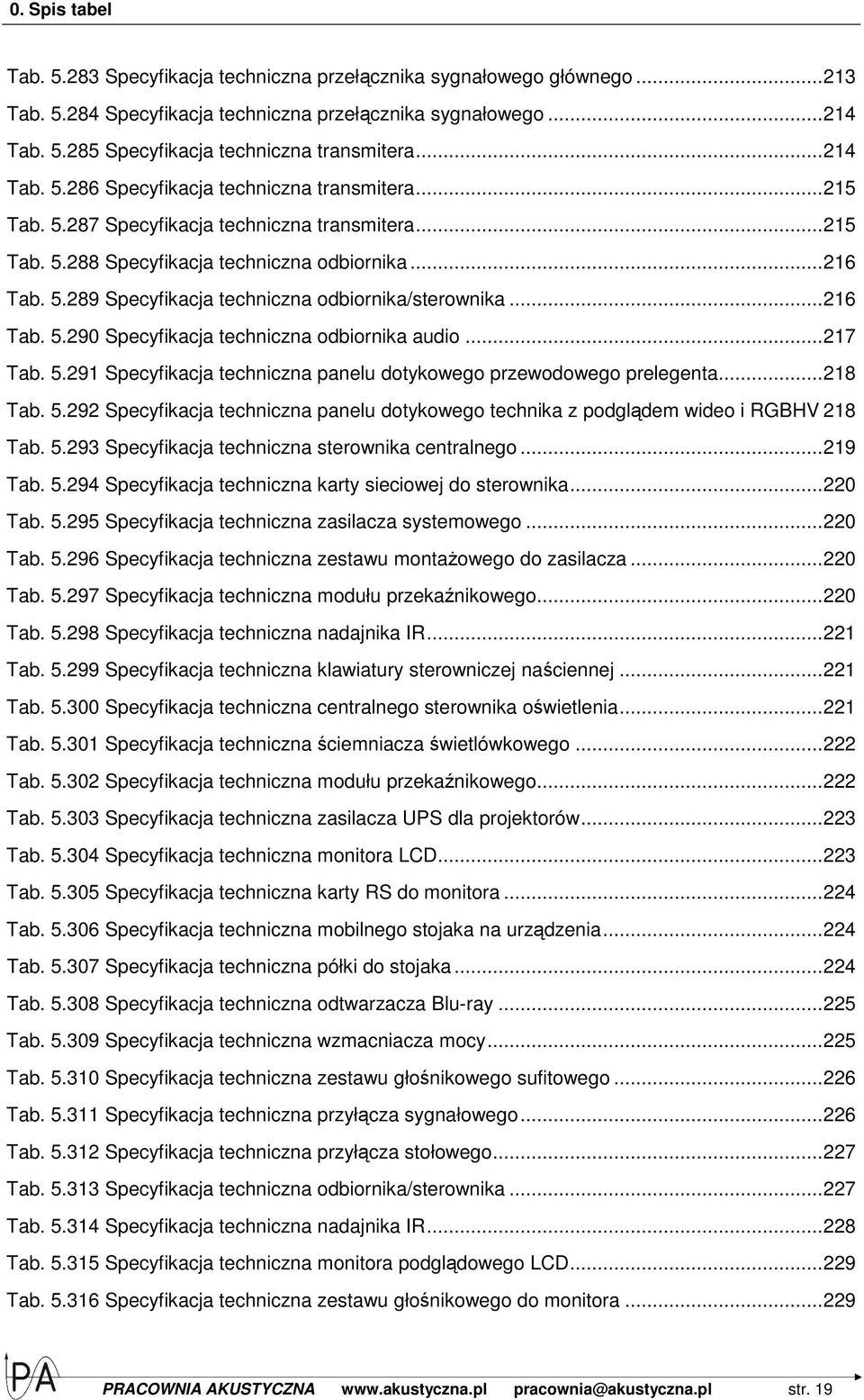 .. 216 Tab. 5.290 Specyfikacja techniczna odbiornika audio... 217 Tab. 5.291 Specyfikacja techniczna panelu dotykowego przewodowego prelegenta... 218 Tab. 5.292 Specyfikacja techniczna panelu dotykowego technika z podglądem wideo i RGBHV 218 Tab.