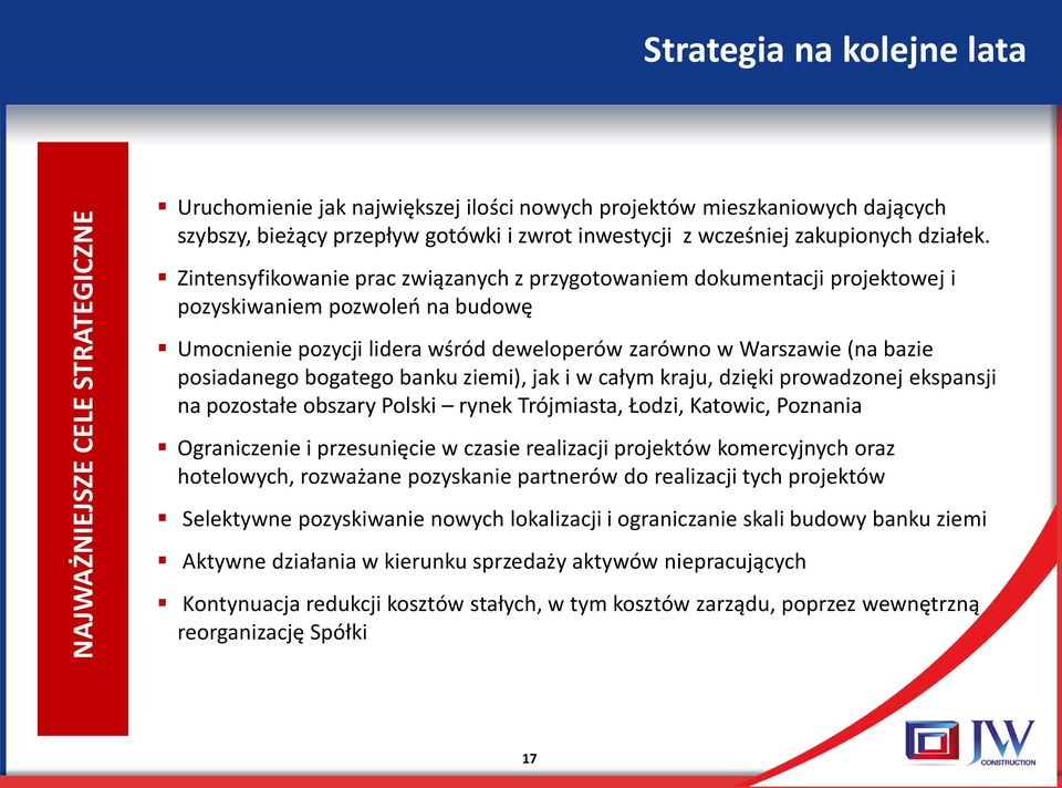 Zintensyfikowanie prac związanych z przygotowaniem dokumentacji projektowej i pozyskiwaniem pozwoleń na budowę Umocnienie pozycji lidera wśród deweloperów zarówno w Warszawie (na bazie posiadanego