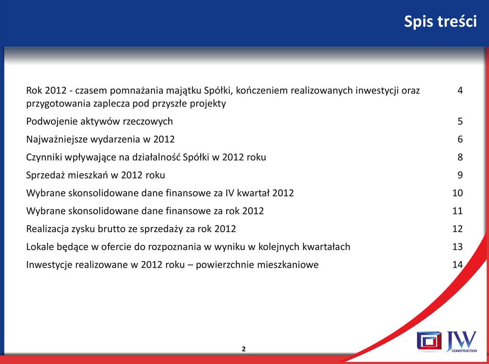 2012 roku 9 Wybrane skonsolidowane dane finansowe za IV kwartał 2012 10 Wybrane skonsolidowane dane finansowe za rok 2012 11 Realizacja zysku brutto ze