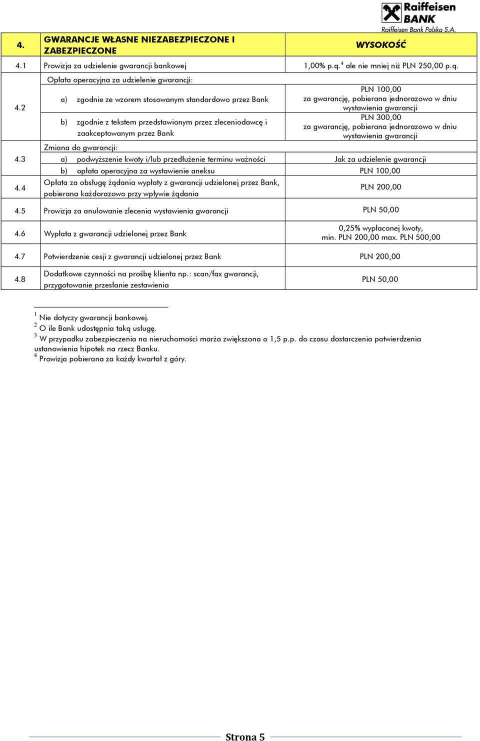 gwarancji: PLN 100,00 za gwarancję, pobierana jednorazowo w dniu wystawienia gwarancji PLN 300,00 za gwarancję, pobierana jednorazowo w dniu wystawienia gwarancji a) podwyższenie kwoty i/lub