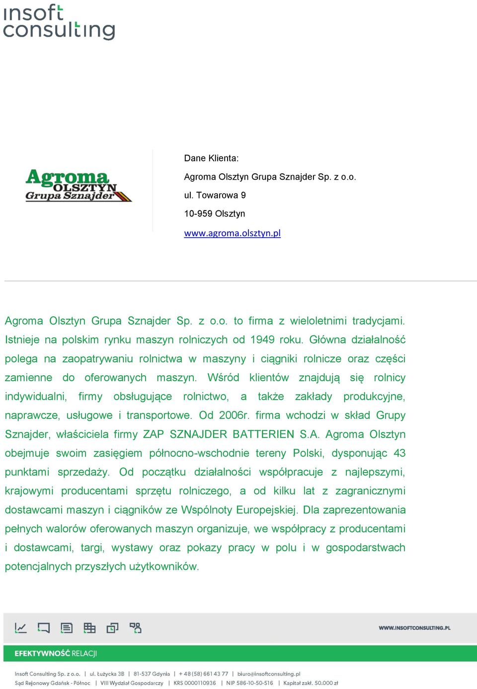 Wśród klientów znajdują się rolnicy indywidualni, firmy obsługujące rolnictwo, a także zakłady produkcyjne, naprawcze, usługowe i transportowe. Od 2006r.