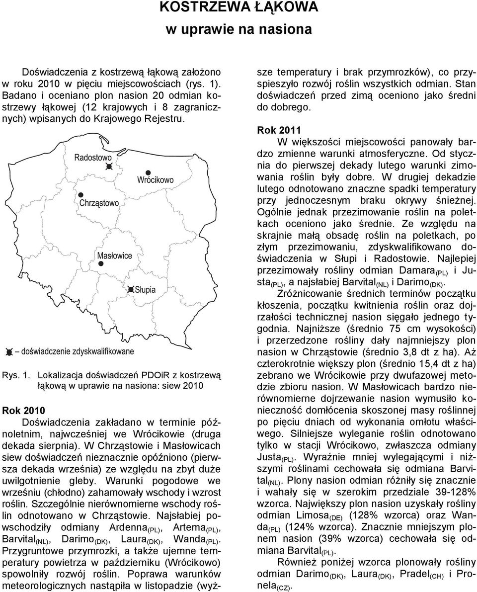 Lokalizacja doświadczeń PDOiR z kostrzewą łąkową w uprawie na nasiona: siew 2010 Rok 2010 Doświadczenia zakładano w terminie późnoletnim, najwcześniej we Wrócikowie (druga dekada sierpnia).