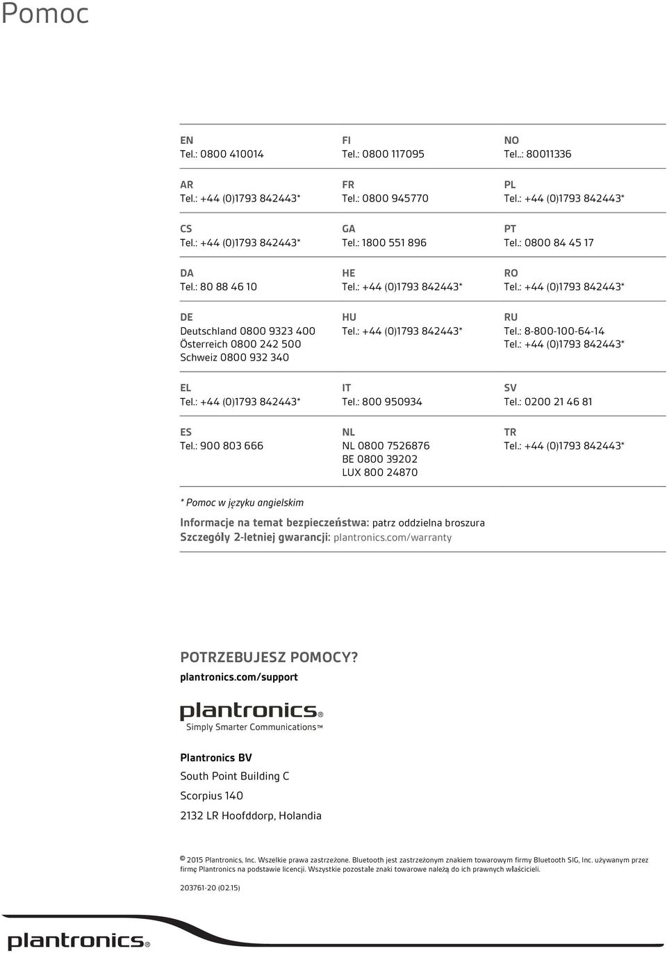 : 900 803 666 NL NL 0800 7526876 BE 0800 39202 LUX 800 24870 TR * Pomoc w języku angielskim Informacje na temat bezpieczeństwa: patrz oddzielna broszura Szczegóły 2-letniej gwarancji: plantronics.