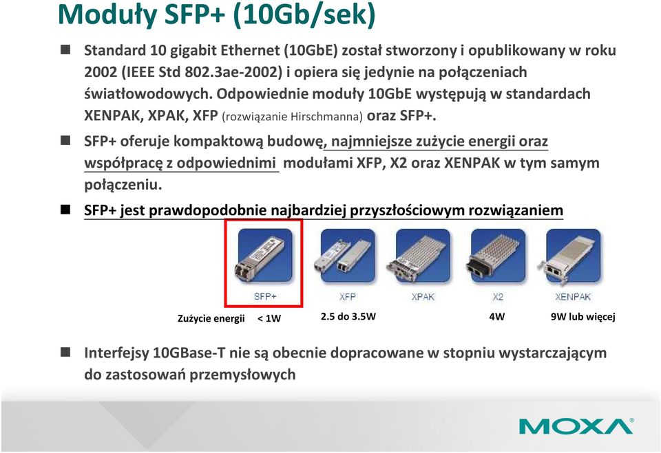 Odpowiednie moduły 10GbE występują w standardach XENPAK, XPAK, XFP (rozwiązanie Hirschmanna)orazSFP+.