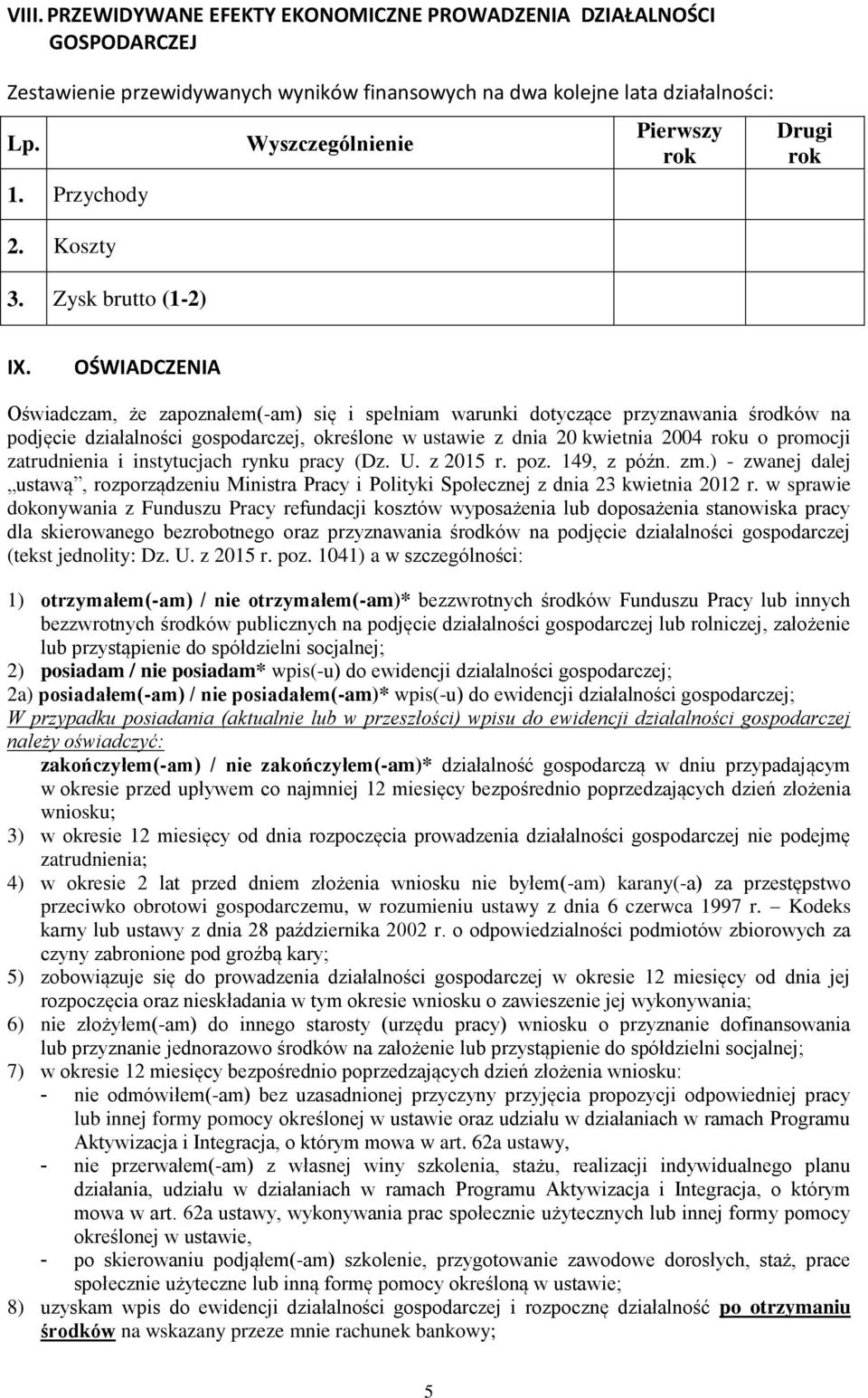 OŚWIADCZENIA Oświadczam, że zapoznałem(-am) się i spełniam warunki dotyczące przyznawania środków na podjęcie działalności gospodarczej, określone w ustawie z dnia 20 kwietnia 2004 roku o promocji