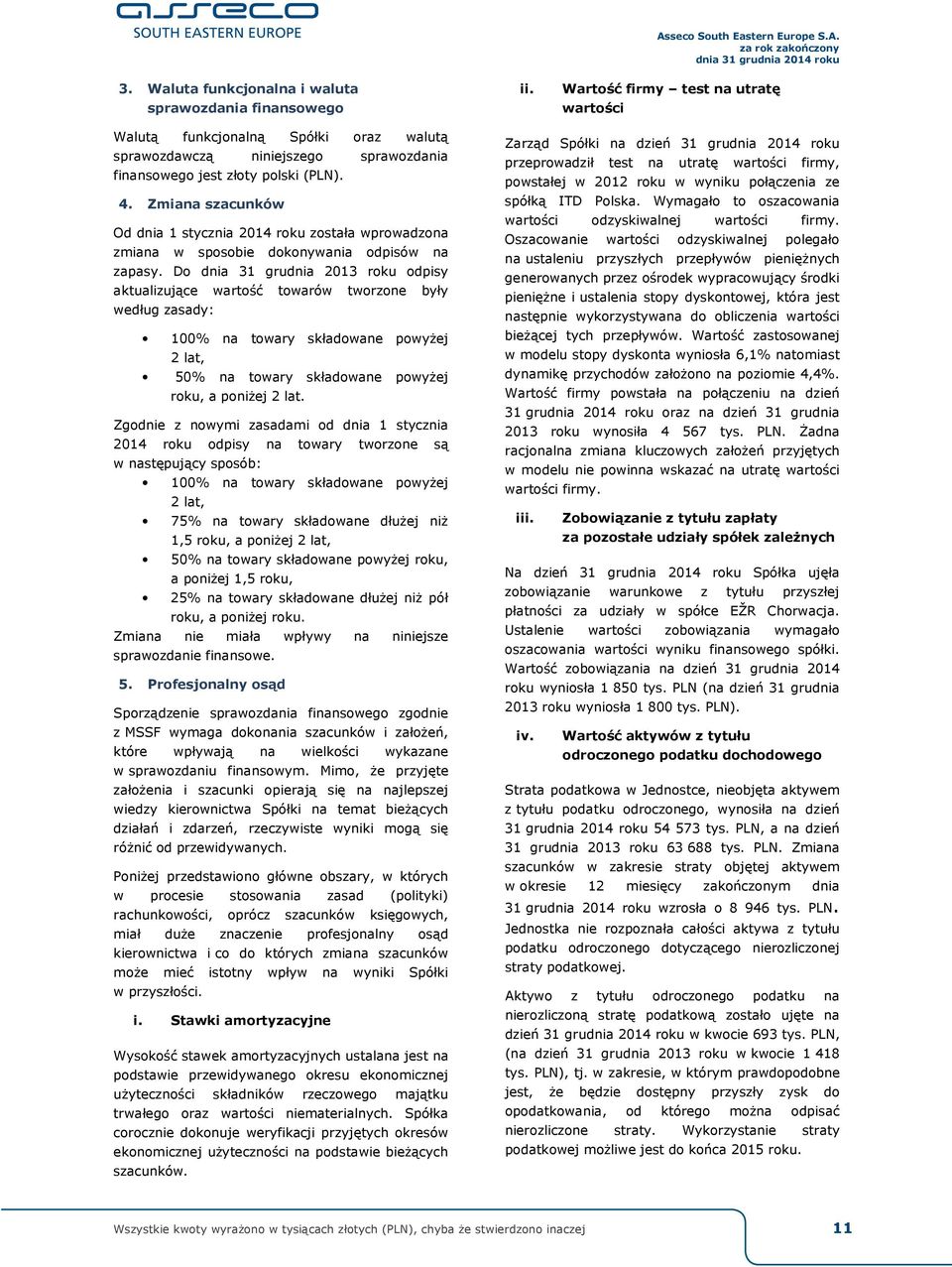Zmiana szacunków Od dnia 1 stycznia 2014 roku została wprowadzona zmiana w sposobie dokonywania odpisów na zapasy.