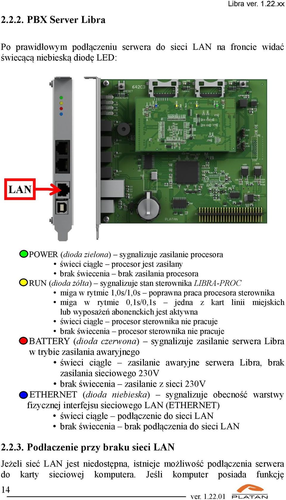 brak świecenia brak zasilania procesora RUN (dioda żółta) sygnalizuje stan sterownika LIBRA-PROC miga w rytmie 1,0s/1,0s poprawna praca procesora sterownika miga w rytmie 0,1s/0,1s jedna z kart linii