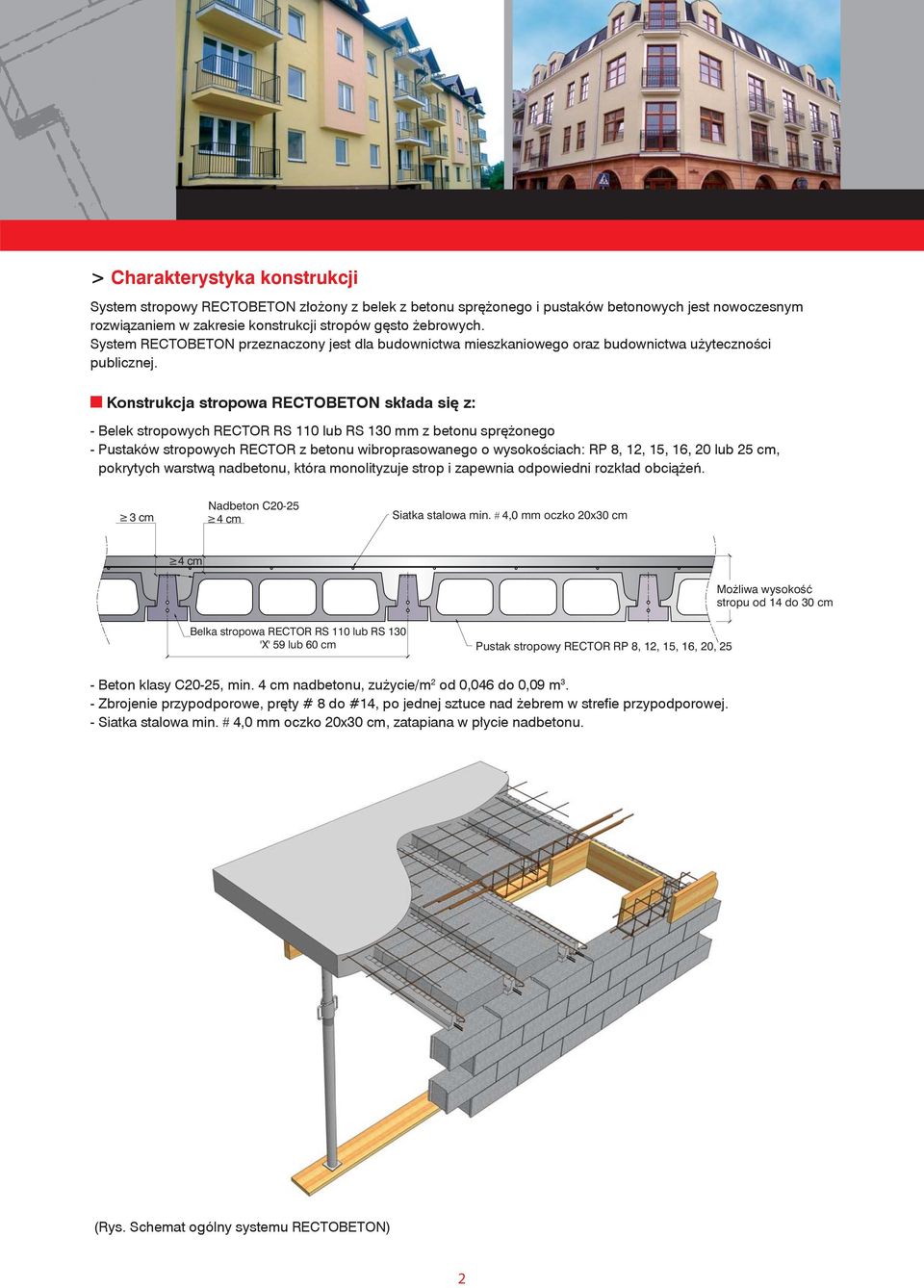 n Konstrukcja stropowa RECTOBETON składa się z: - Belek stropowych RECTOR lub mm z betonu sprężonego - Pustaków stropowych RECTOR z betonu wibroprasowanego o wysokościach: RP 8, 12, 15, 16, 20 lub 25
