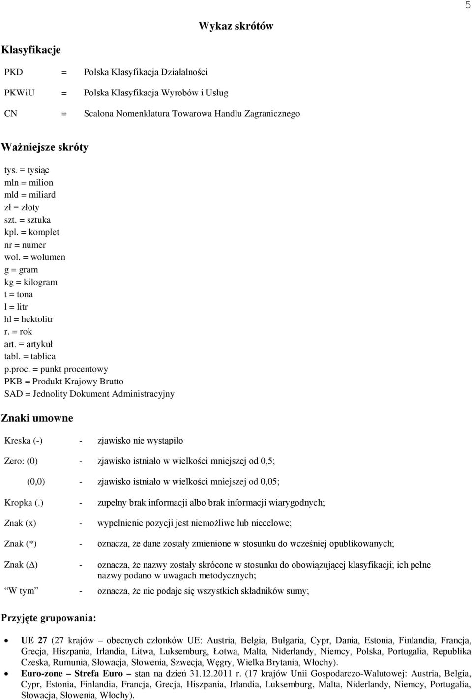 proc. = punkt procentowy PKB = Produkt Krajowy Brutto SAD = Jednolity Dokument Administracyjny Znaki umowne Kreska (-) - zjawisko nie wystąpiło Zero: (0) - zjawisko istniało w wielkości mniejszej od