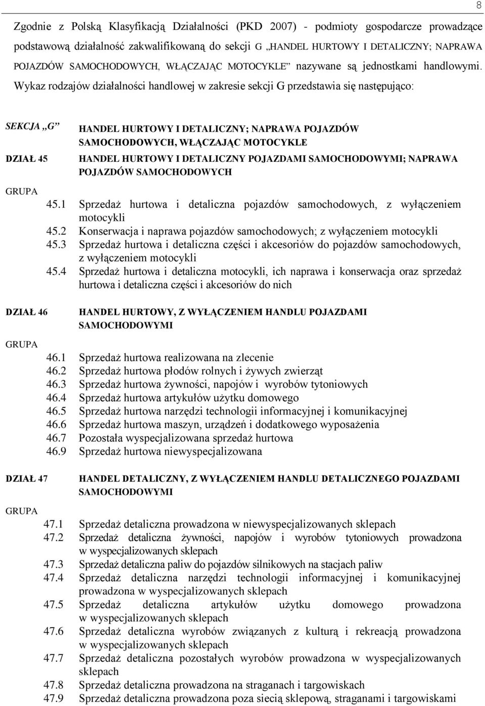 Wykaz rodzajów działalności handlowej w zakresie sekcji G przedstawia się następująco: SEKCJA G DZIAŁ 45 HANDEL HURTOWY I DETALICZNY; NAPRAWA POJAZDÓW SAMOCHODOWYCH, WŁĄCZAJĄC MOTOCYKLE HANDEL