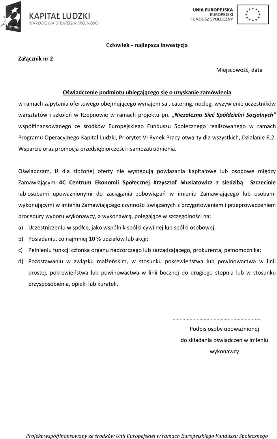 Niezależna Sieć Spółdzielni Socjalnych współfinansowanego ze środków Europejskiego Funduszu Społecznego realizowanego w ramach Programu Operacyjnego Kapitał Ludzki, Priorytet VI Rynek Pracy otwarty