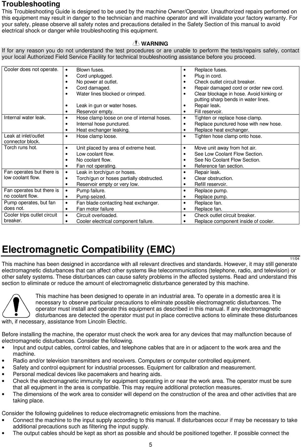 For your safety, please observe all safety notes and precautions detailed in the Safety Section of this manual to avoid electrical shock or danger while troubleshooting this equipment.