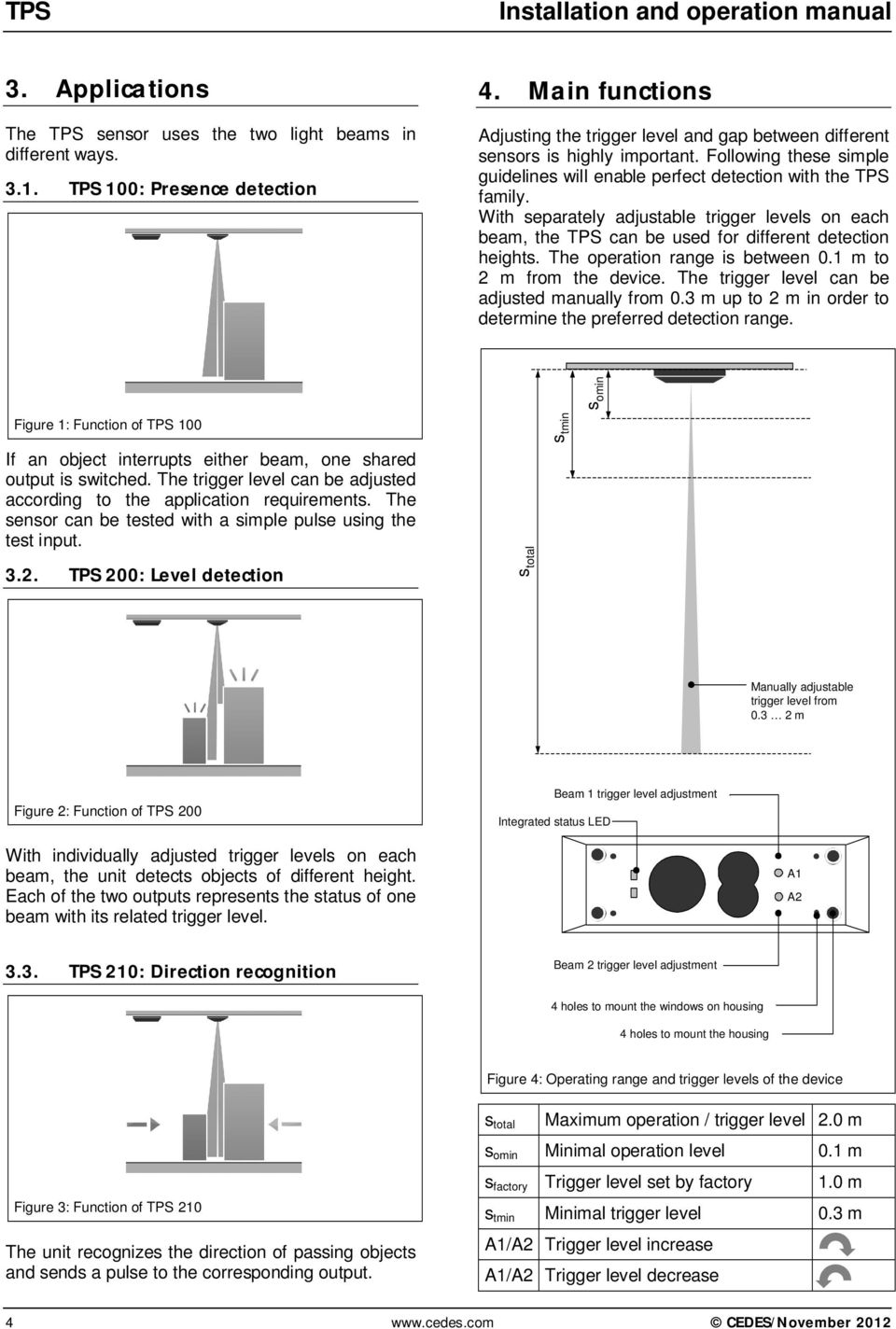 With separately adjustable trigger levels on each beam, the TPS can be used for different detection heights. The operation range is between 0.1 m to 2 m from the device.