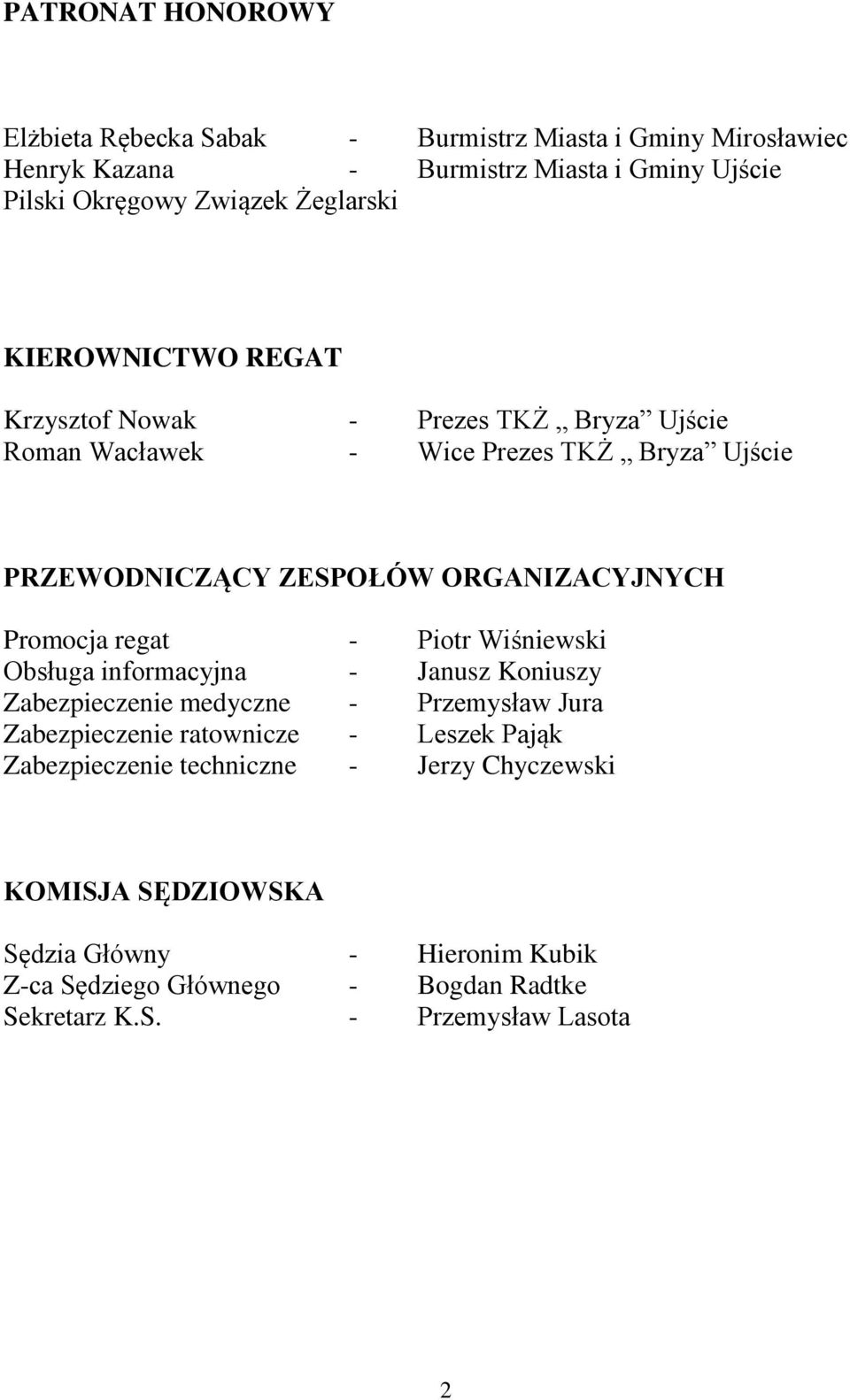 Promocja regat - Piotr Wiśniewski Obsługa informacyjna - Janusz Koniuszy Zabezpieczenie medyczne - Przemysław Jura Zabezpieczenie ratownicze - Leszek Pająk