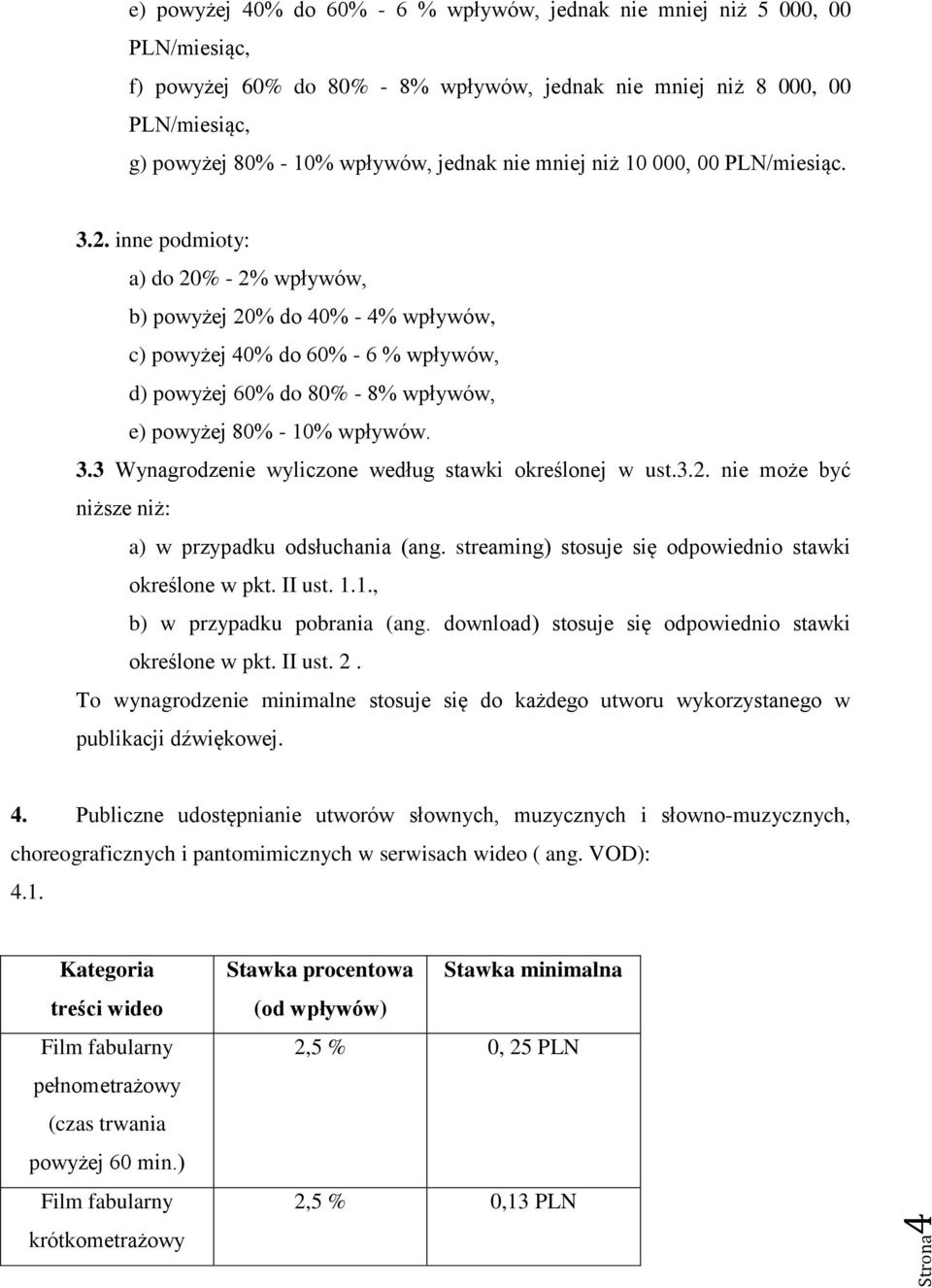 3.2. nie może być niższe niż: a) w przypadku odsłuchania (ang. streaming) stosuje się odpowiednio stawki określone w pkt. II ust. 1.1., b) w przypadku pobrania (ang.