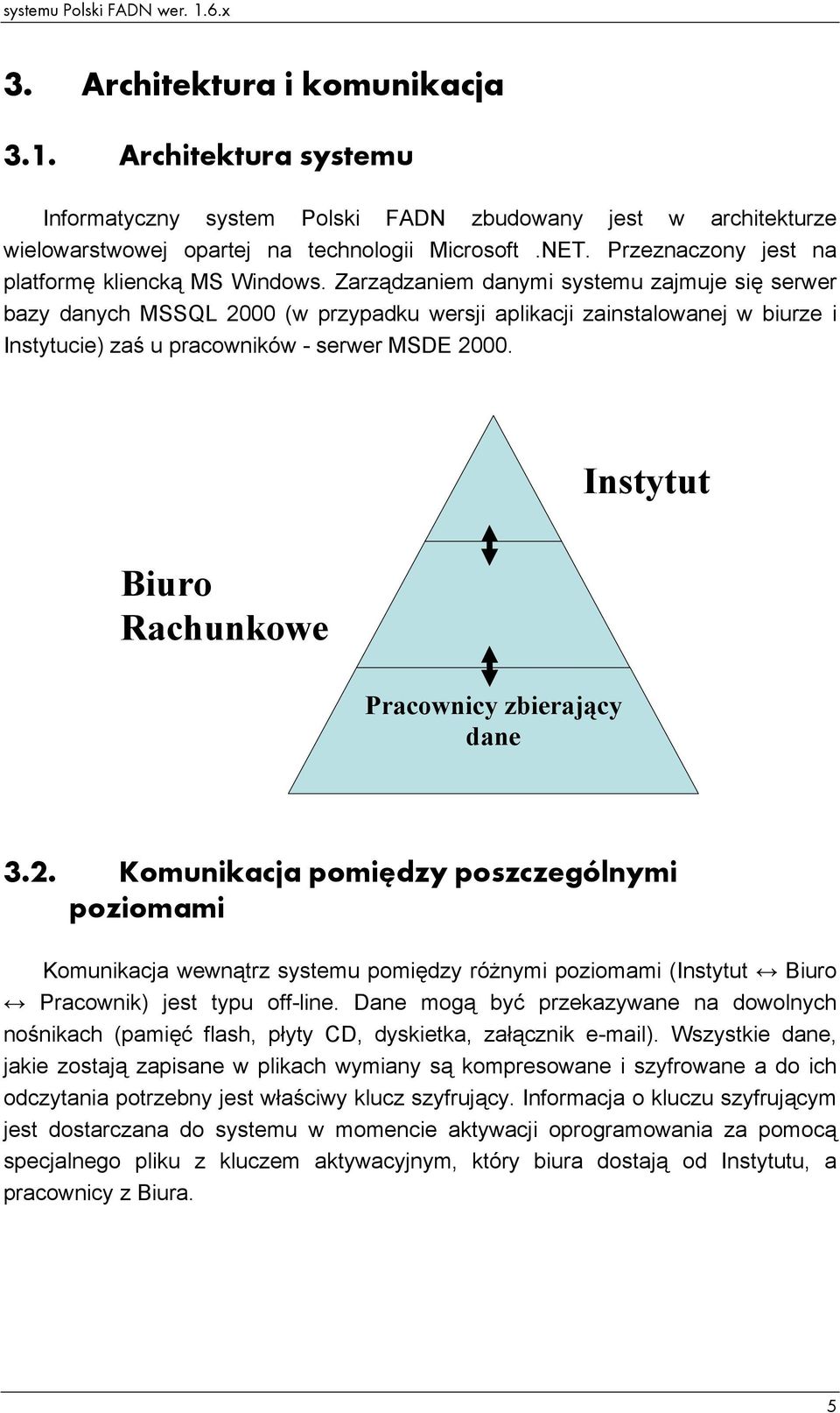 Zarządzaniem danymi systemu zajmuje się serwer bazy danych MSSQL 2000 (w przypadku wersji aplikacji zainstalowanej w biurze i Instytucie) zaś u pracowników - serwer MSDE 2000.