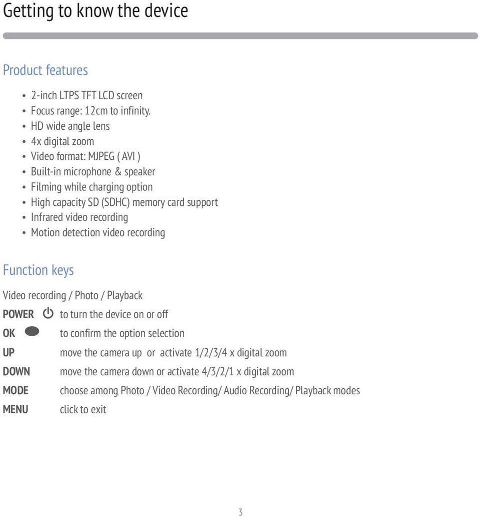 support Infrared video recording Motion detection video recording Function keys Video recording / Photo / Playback POWER to turn the device on or off OK to confirm