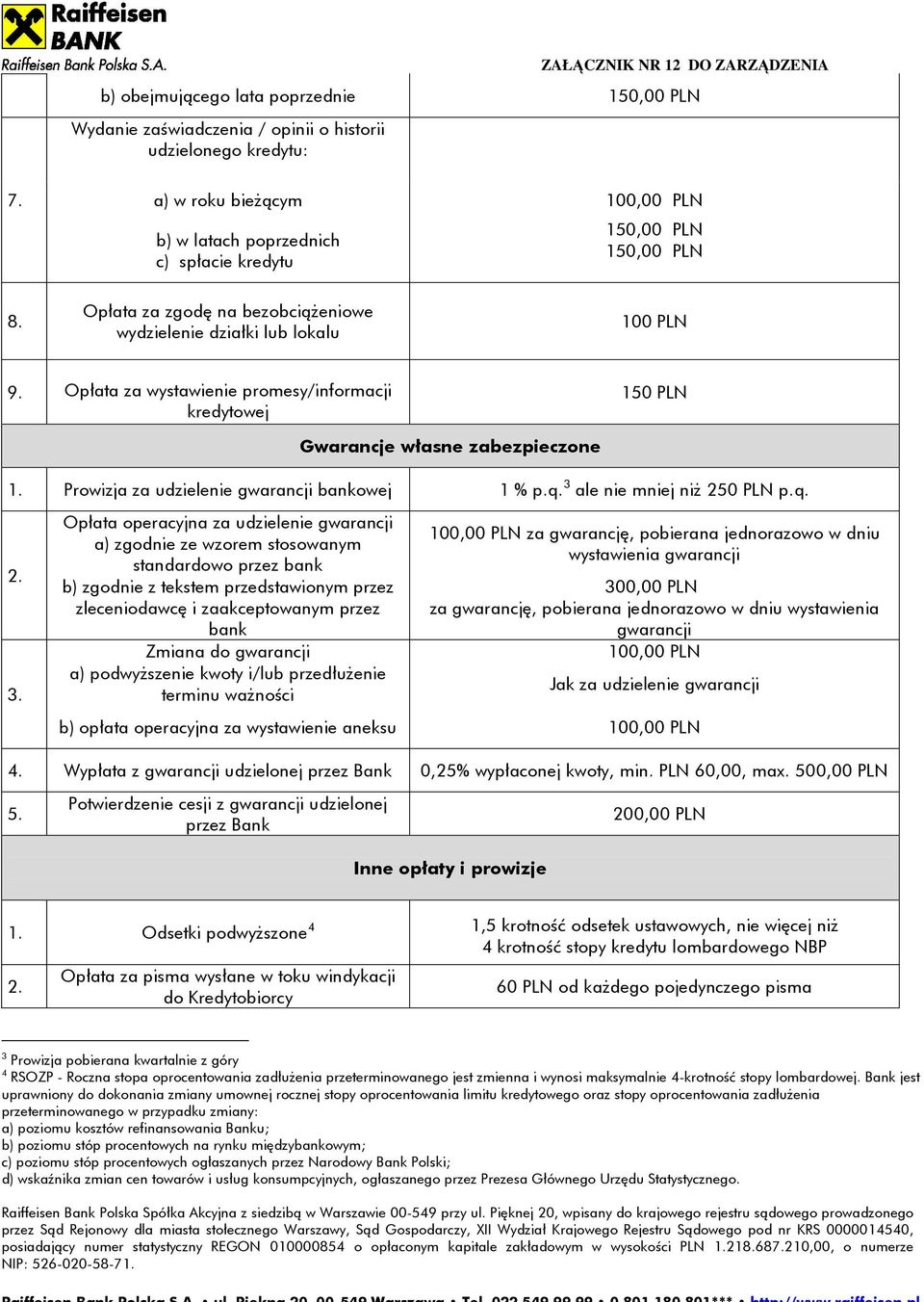 Opłata za wystawienie promesy/informacji kredytowej 150 PLN Gwarancje własne zabezpieczone 1. Prowizja za udzielenie gwarancji bankowej 1 % p.q.