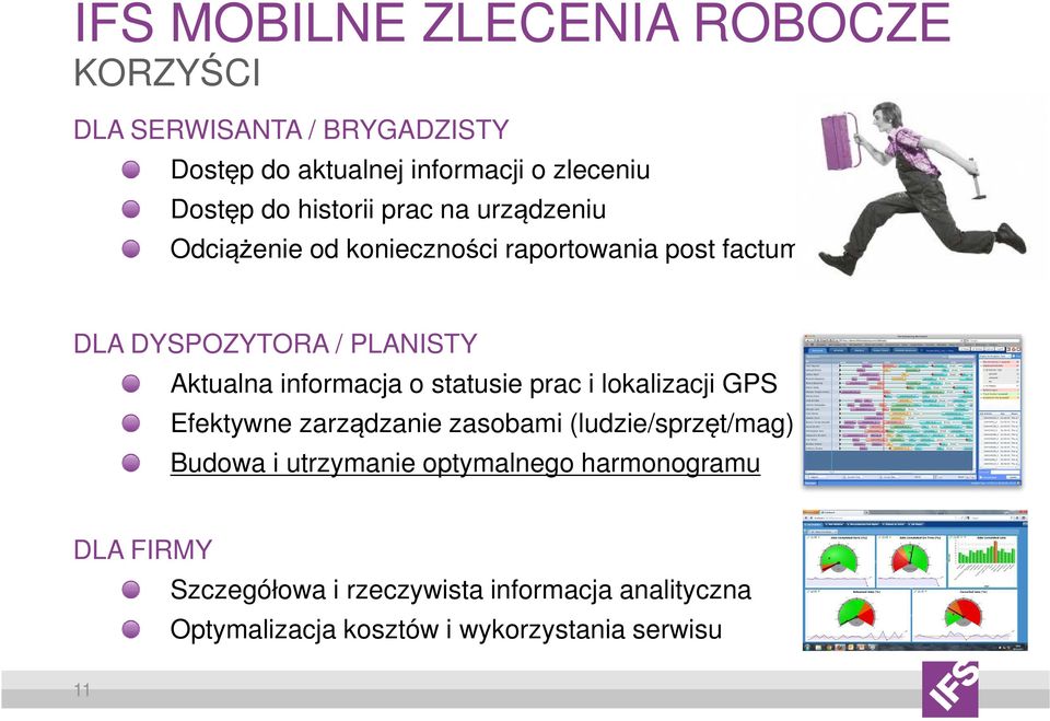 informacja o statusie prac i lokalizacji GPS Efektywne zarządzanie zasobami (ludzie/sprzęt/mag) Budowa i utrzymanie