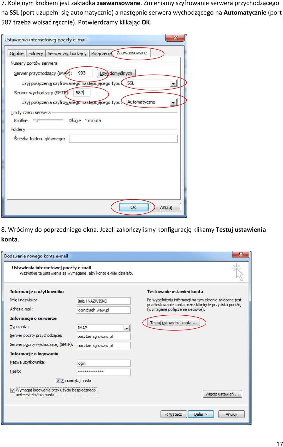 a następnie serwera wychodzącego na Automatycznie (port 587 trzeba wpisać ręcznie).