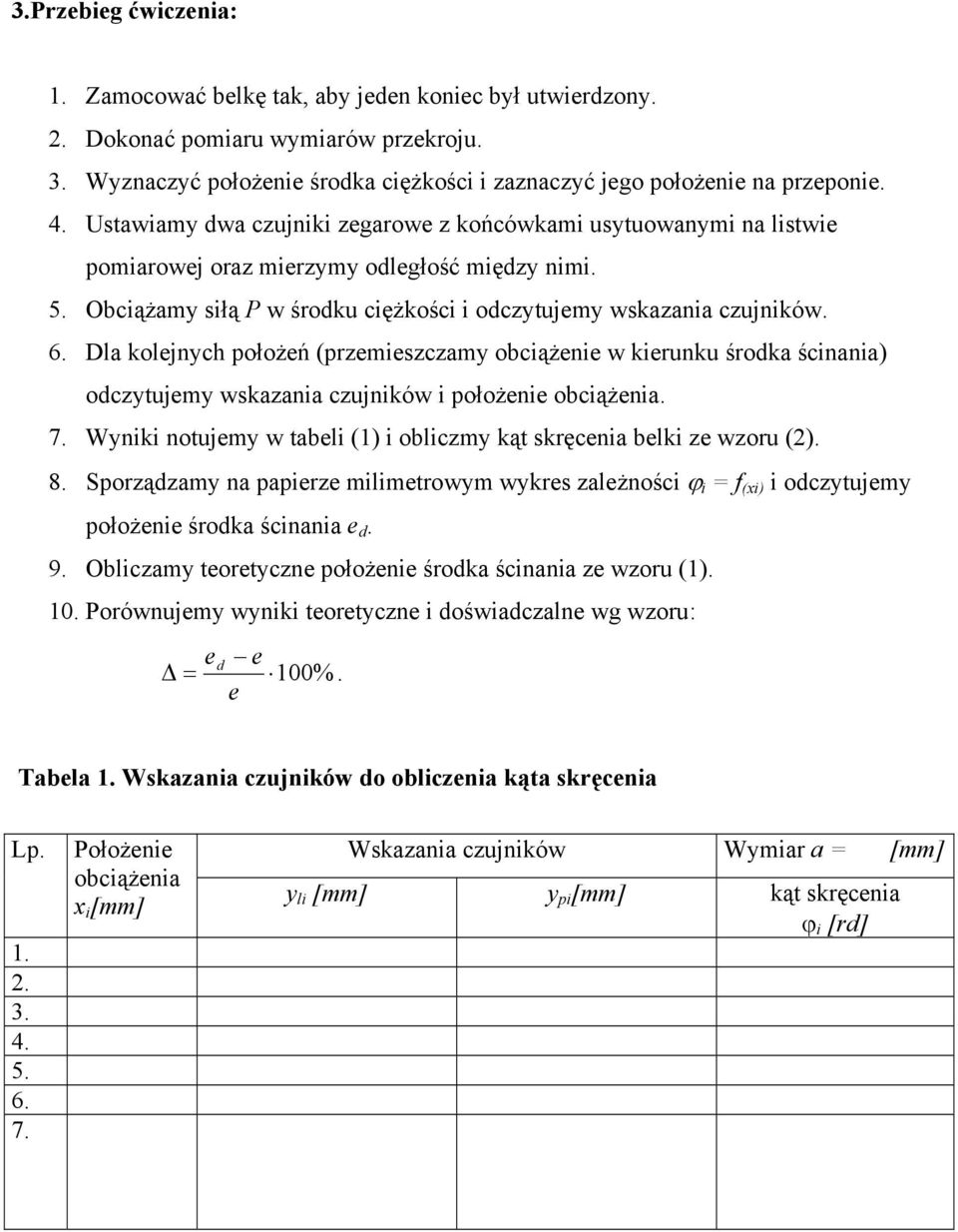 Dla kolejnych położeń (przemieszczamy obciążenie w kierunku środka ścinania) odczytujemy wskazania czujników i położenie obciążenia. 7.