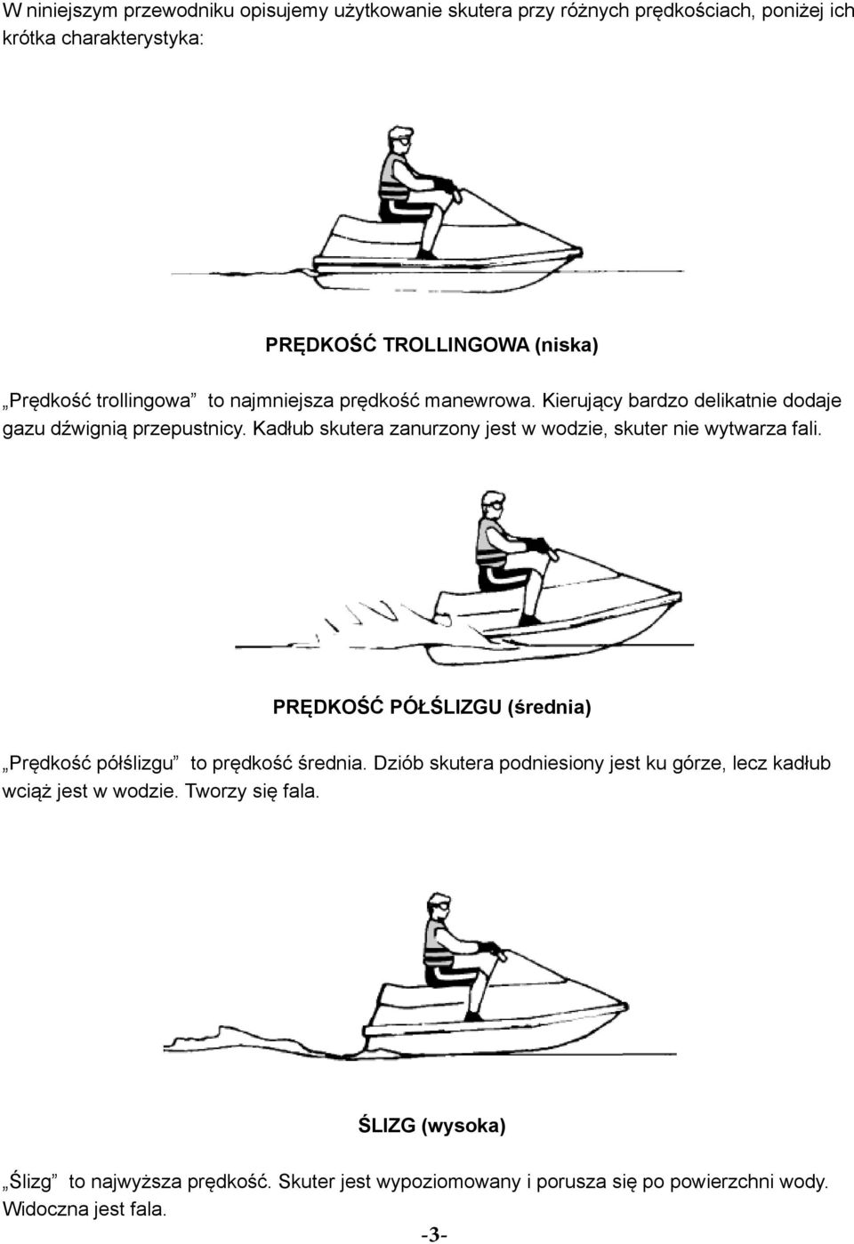 Kdłub skuter znurzony jest w wodzie, skuter nie wytwrz fli. PRĘDKOŚĆ PÓŁŚLIZGU (średni) Prędkość półślizgu to prędkość średni.