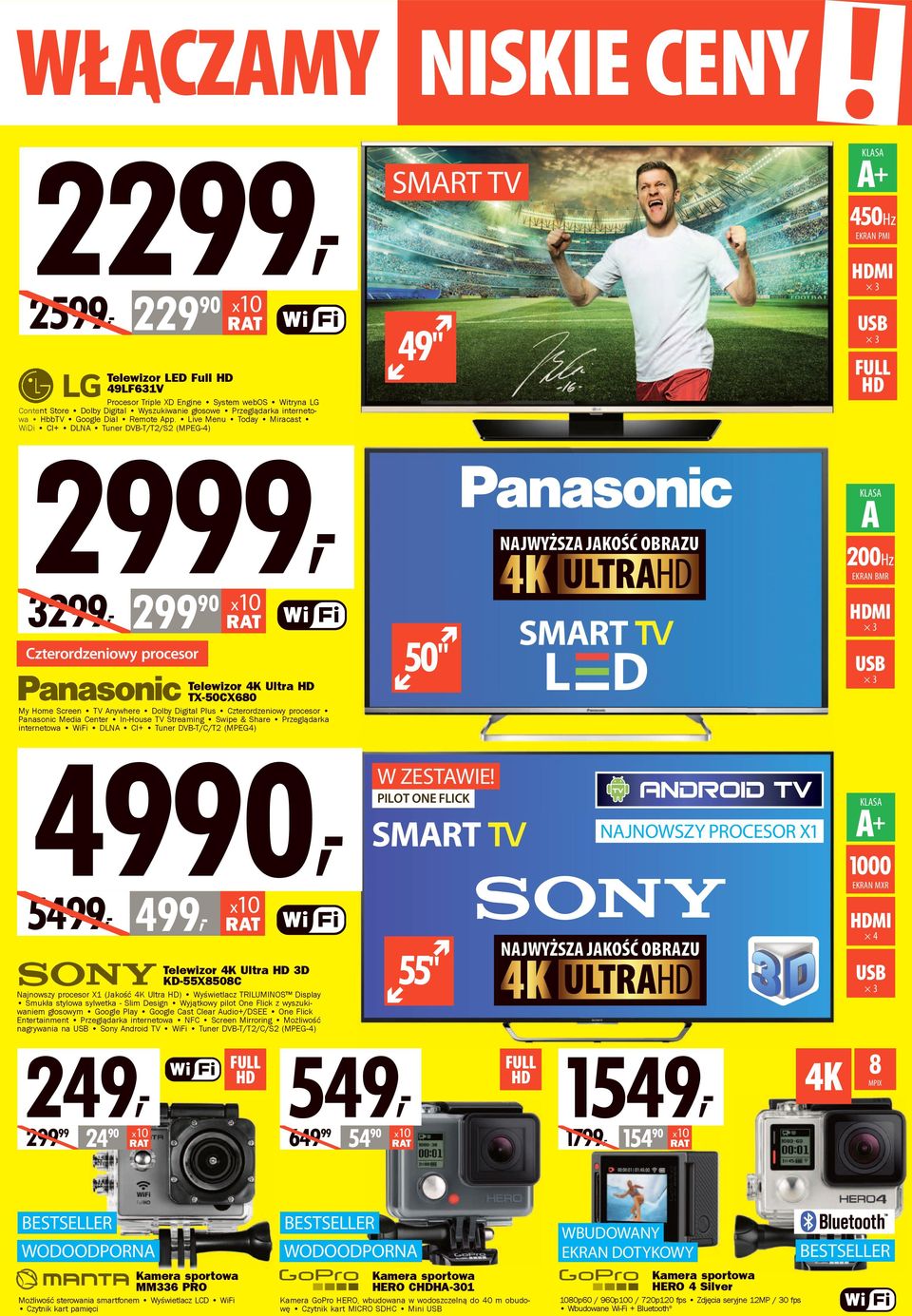 Live Menu Today Miracast WiDi CI+ DLNA Tuner DVB-T/T2/S2 (MPEG-4) 29, 32, 2 A 200Hz BMR 50" Czterordzeniowy procesor USB Telewizor 4K Ultra HD TX-50CX680 My Home Screen TV Anywhere Dolby Digital Plus