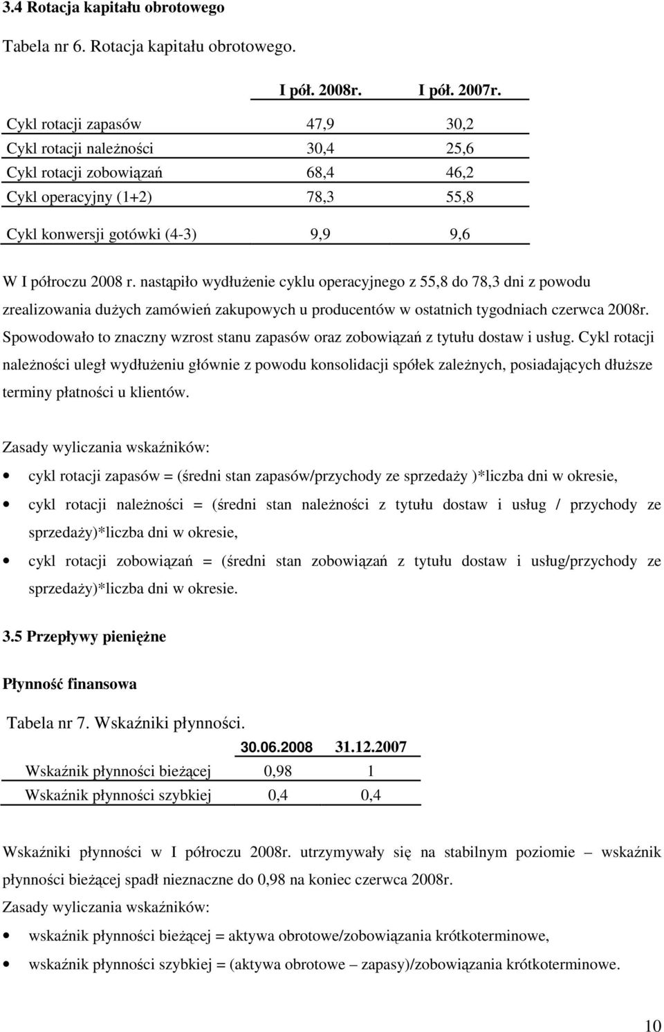 nastąpiło wydłuŝenie cyklu operacyjnego z 55,8 do 78,3 dni z powodu zrealizowania duŝych zamówień zakupowych u producentów w ostatnich tygodniach czerwca 2008r.