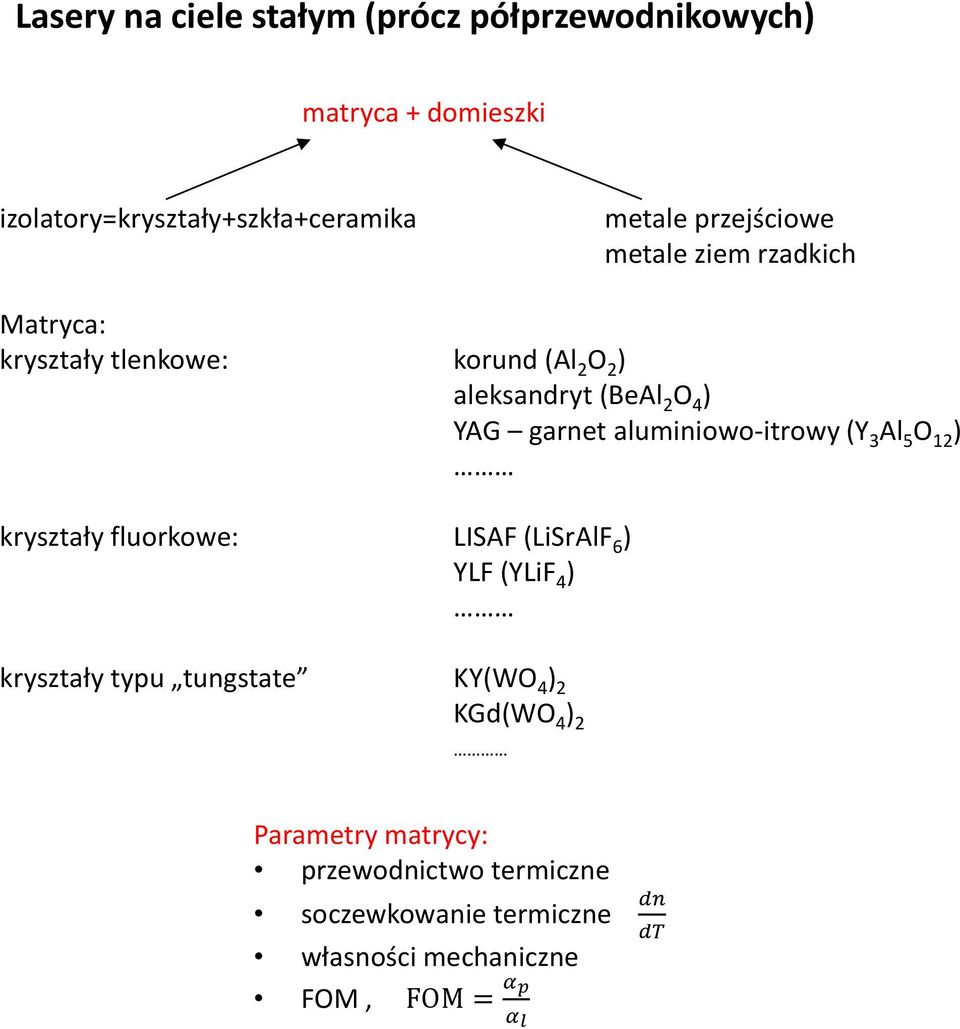 aluminiowo-itrowy (Y 3 Al 5 O 12 ) kryształy fluorkowe: LISAF (LiSrAlF 6 ) YLF (YLiF 4 ) kryształy typu tungstate KY(WO