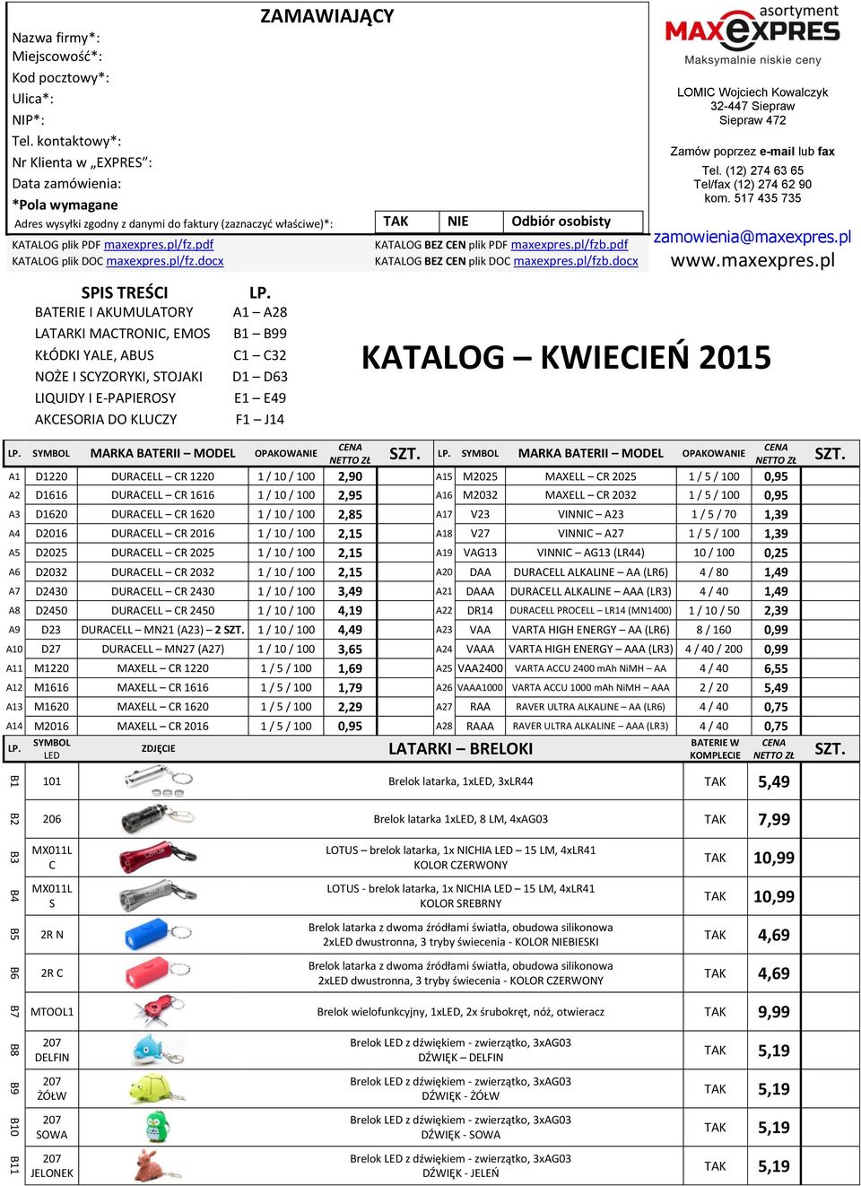 kontaktowy*: Nr Klienta w EXPRES : Data zamówienia: *Pola wymagane Adres wysyłki zgodny z danymi do faktury (zaznaczyć właściwe)*: KATALOG plik PDF maxexpres.pl/fz.pdf KATALOG plik DOC maxexpres.