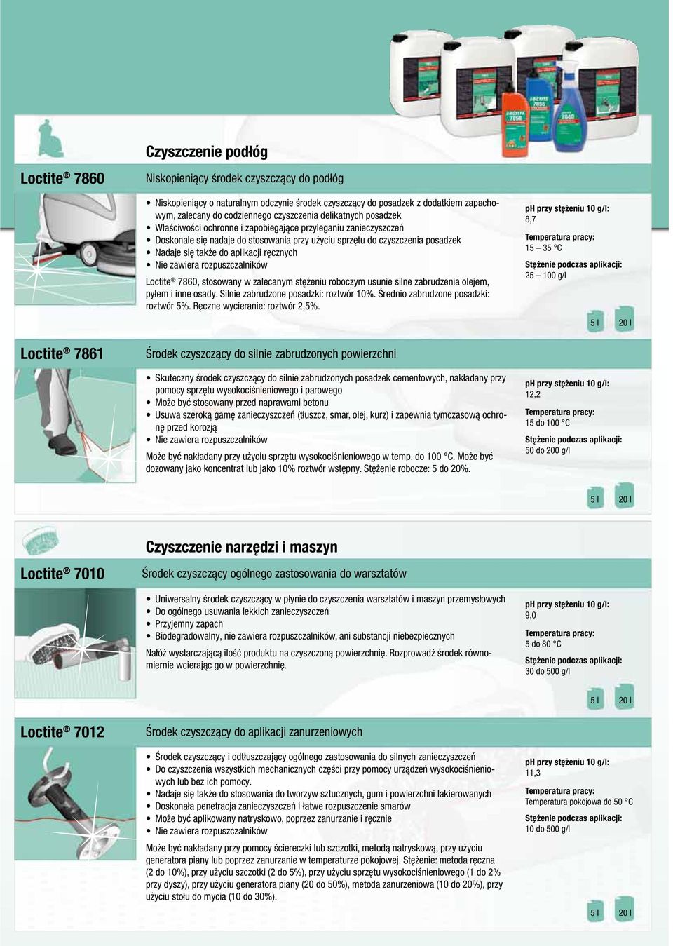 ręcznych Loctite 7860, stosowany w zalecanym stężeniu roboczym usunie silne zabrudzenia olejem, pyłem i inne osady. Silnie zabrudzone posadzki: roztwór 10%. Średnio zabrudzone posadzki: roztwór 5%.