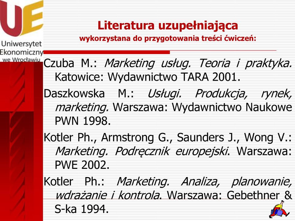 : Usługi. Produkcja, rynek, PWN 1998. Kotler Ph., Armstrong G., Saunders J., Wong V.: Marketing.