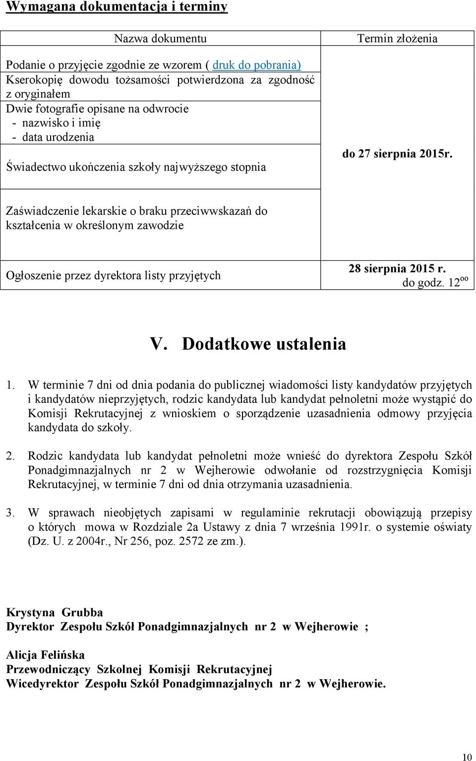 Zaświadczenie lekarskie o braku przeciwwskazań do kształcenia w określonym zawodzie Ogłoszenie przez dyrektora listy przyjętych 28 sierpnia 2015 r. V. Dodatkowe ustalenia 1.