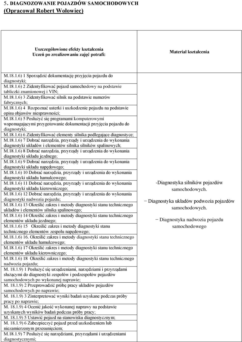 18.1.6) 6 Zidentyfikować elementy silnika podlegające diagnostyce; M.18.1.6) 7 Dobrać narzędzia, przyrządy i urządzenia do wykonania diagnostyki układów i elementów silnika silników spalinowych; M.18.1.6) 8 Dobrać narzędzia, przyrządy i urządzenia do wykonania diagnostyki układu jezdnego; M.