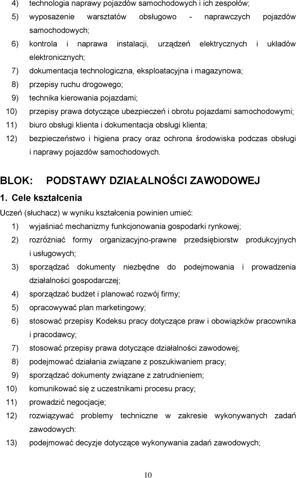 pojazdami samochodowymi; 11) biuro obsługi klienta i dokumentacja obsługi klienta; 12) bezpieczeństwo i higiena pracy oraz ochrona środowiska podczas obsługi i naprawy pojazdów samochodowych.