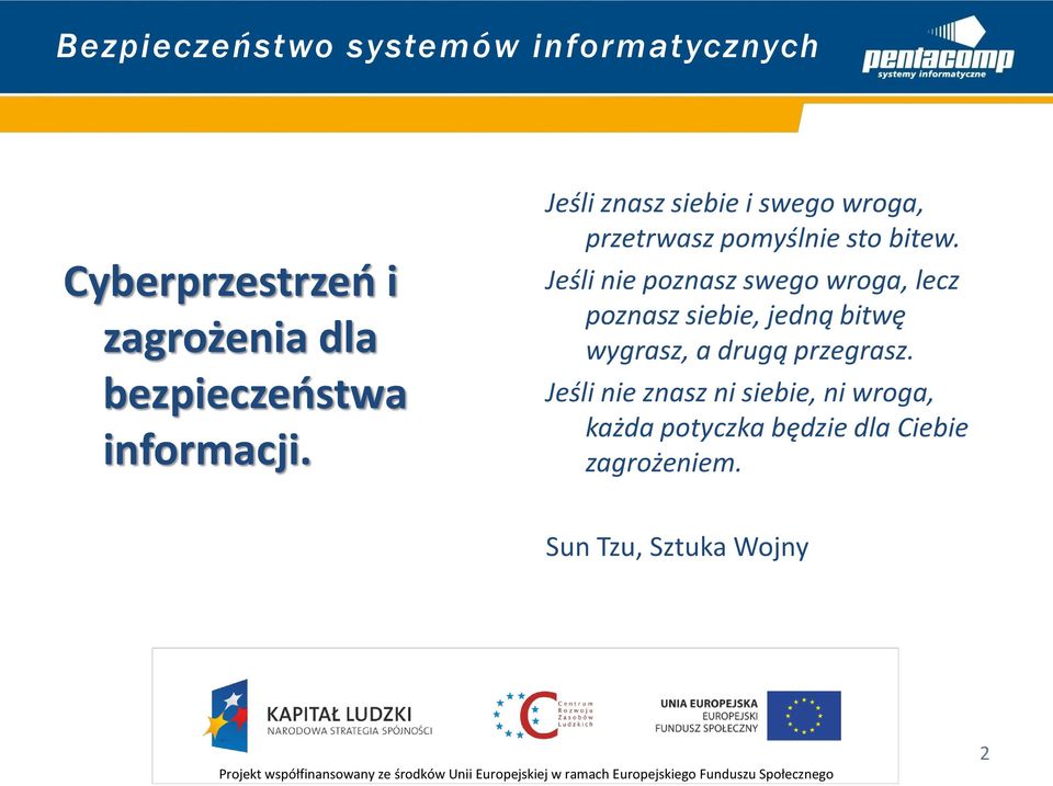 Jeśli nie poznasz swego wroga, lecz poznasz siebie, jedną bitwę wygrasz, a drugą