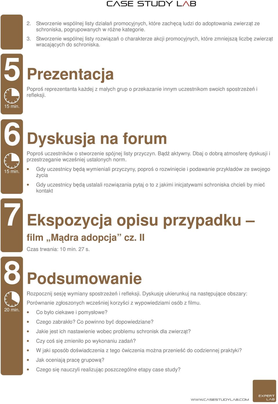 5 Prezentacja Poproś reprezentanta każdej z małych grup o przekazanie innym uczestnikom swoich spostrzeżeń i refleksji. 15 min. 6 15 min. 7 8 20 min.