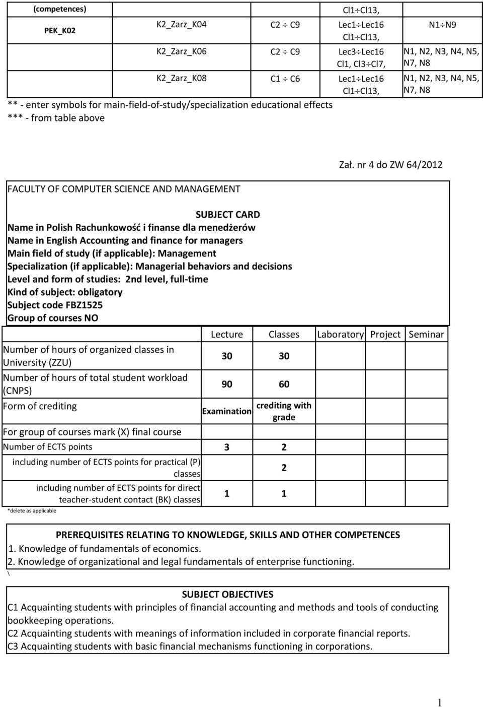 nr 4 do ZW 64/0 FACULTY OF COMPUTER SCIENCE AND MANAGEMENT SUBJECT CARD Name in Polish Rachunkowość i finanse dla menedżerów Name in English Accounting and finance for managers Main field of study