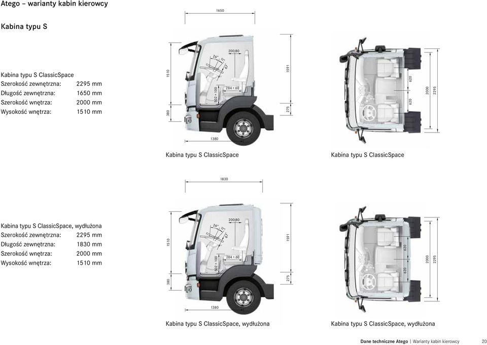 ClassicSpace, wydłużona Szerokość zewnętrzna: 2295 mm Długość zewnętrzna: 1830 mm Szerokość wnętrza: 2000 mm Wysokość wnętrza: 1510 mm 380 1510 26 502 + 100 11 67 200