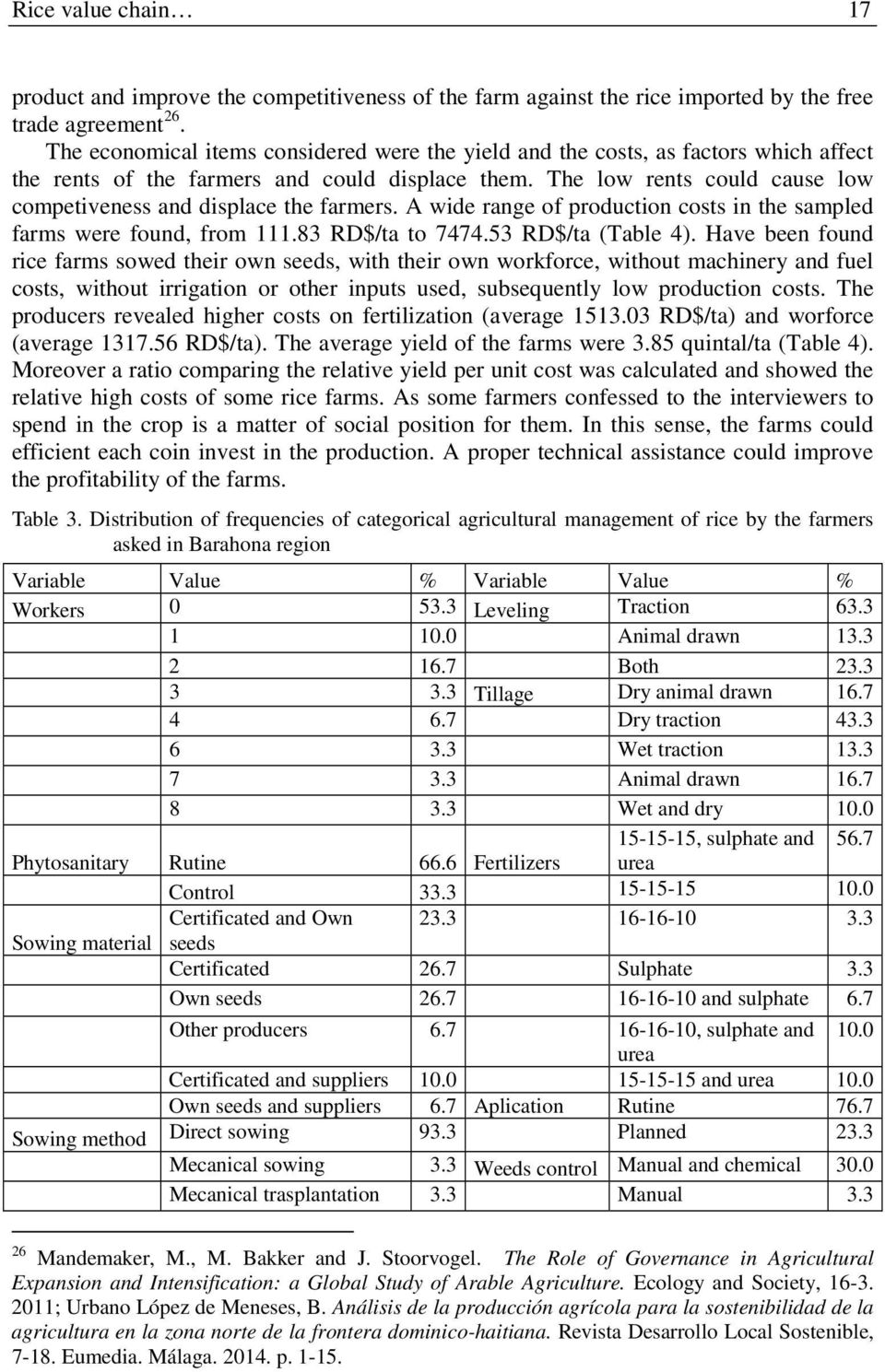 The low rents could cause low competiveness and displace the farmers. A wide range of production costs in the sampled farms were found, from 111.83 RD$/ta to 7474.53 RD$/ta (Table 4).
