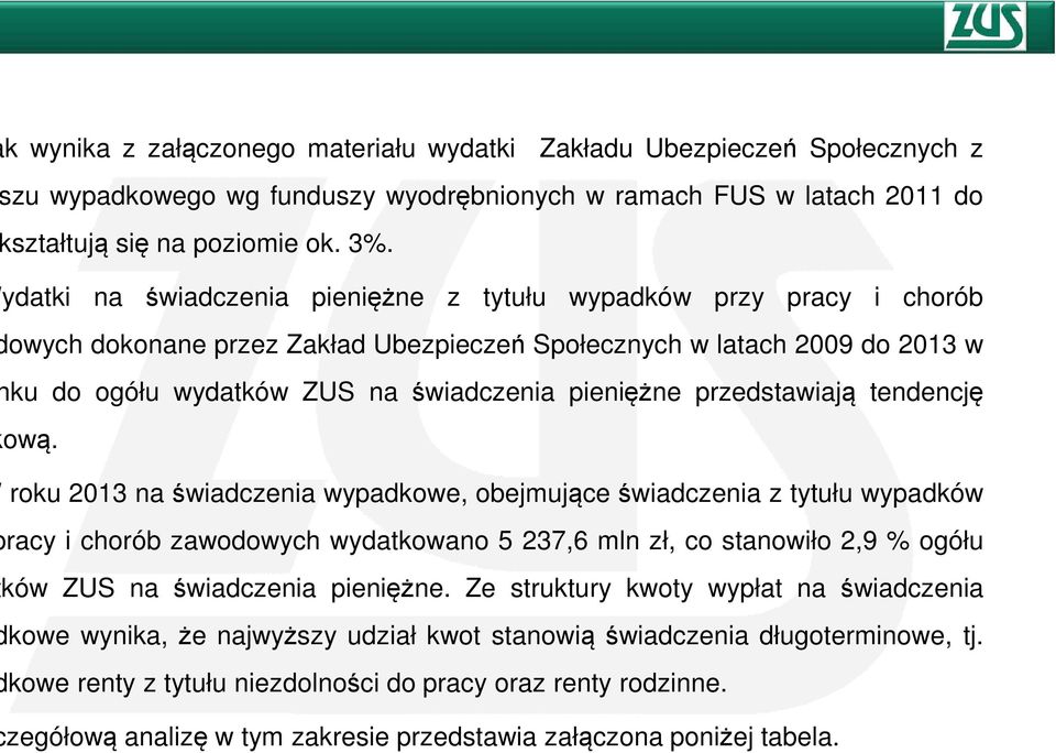 ydatki na świadczenia pieniężne z tytułu wypadków przy pracy i chorób owych dokonane przez Zakład Ubezpieczeń Społecznych w latach 2009 do 2013 w ku do ogółu wydatków ZUS na świadczenia pieniężne