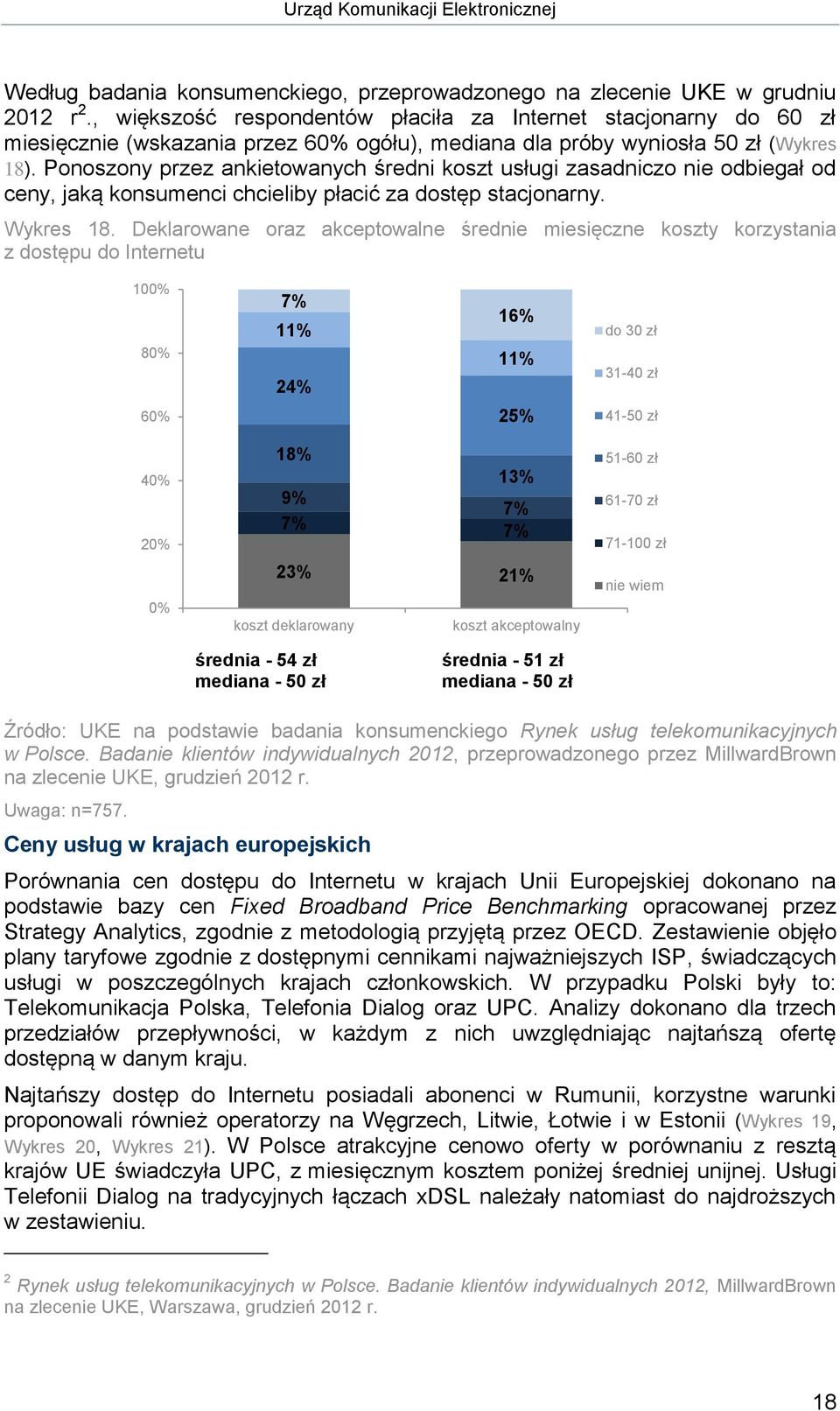 Ponoszony przez ankietowanych średni koszt usługi zasadniczo nie odbiegał od ceny, jaką konsumenci chcieliby płacić za dostęp stacjonarny. Wykres 18.