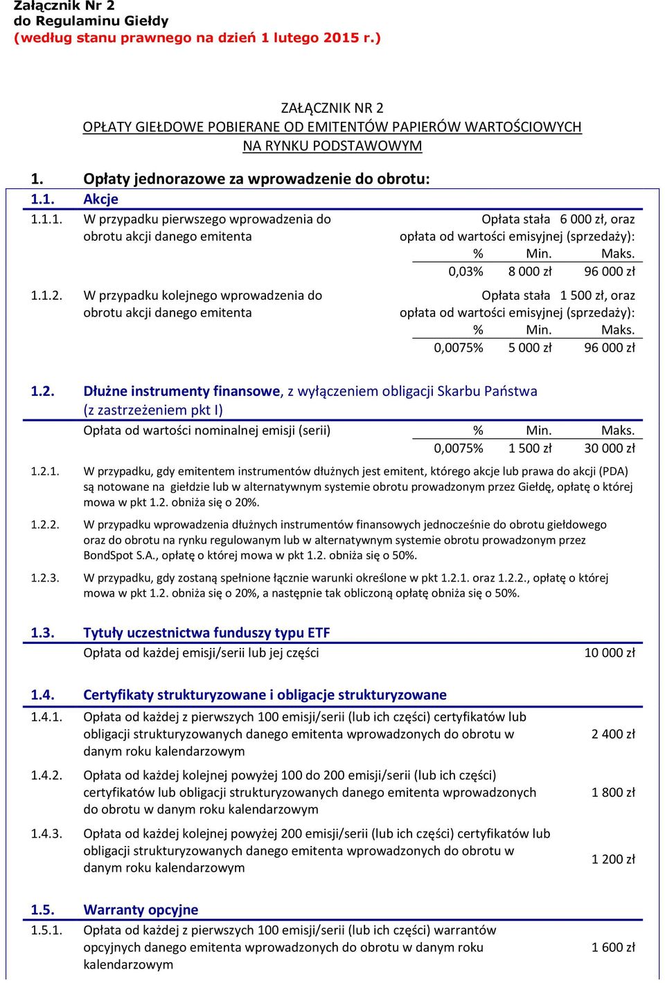 W przypadku kolejnego wprowadzenia do obrotu akcji danego emitenta Opłata stała 6 000 zł, oraz opłata od wartości emisyjnej (sprzedaży): 0,03% 8 000 zł 96 000 zł Opłata stała 1 500 zł, oraz opłata od