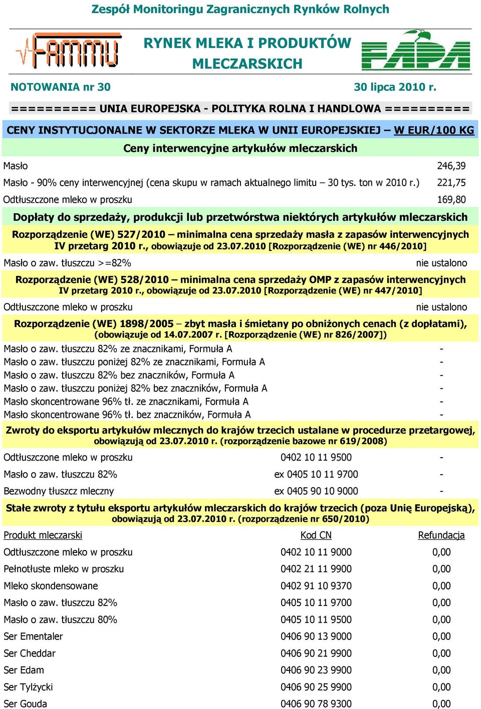 interwencyjnej (cena skupu w ramach aktualnego limitu 30 tys. ton w 2010 r.