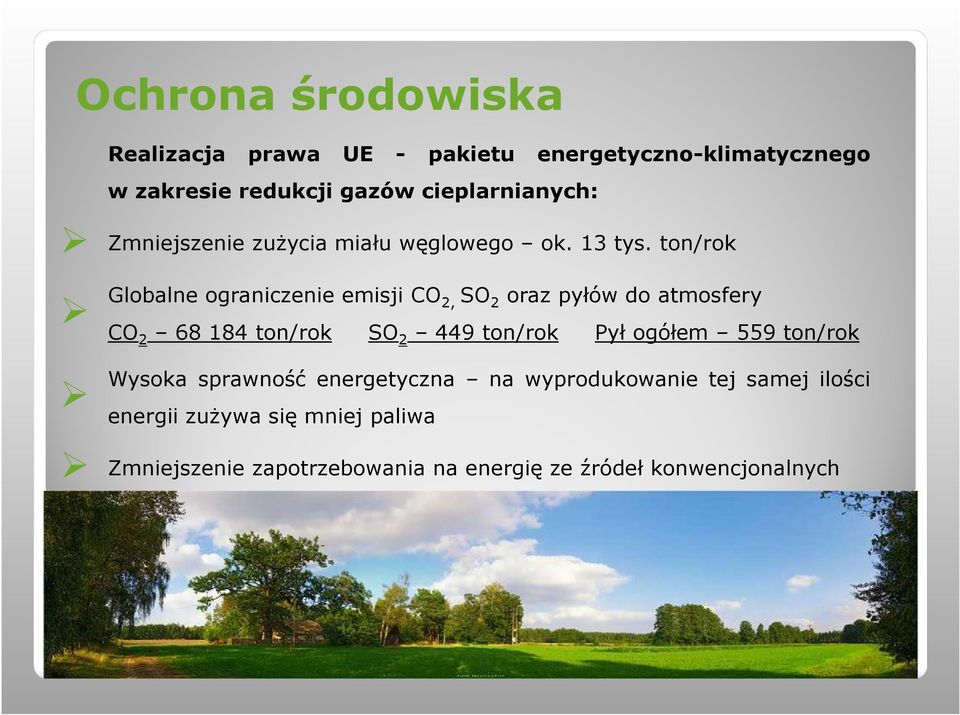 ton/rok Globalne ograniczenie emisji CO 2, SO 2 oraz pyłów do atmosfery CO 2 68 184 ton/rok SO 2 449 ton/rok Pył