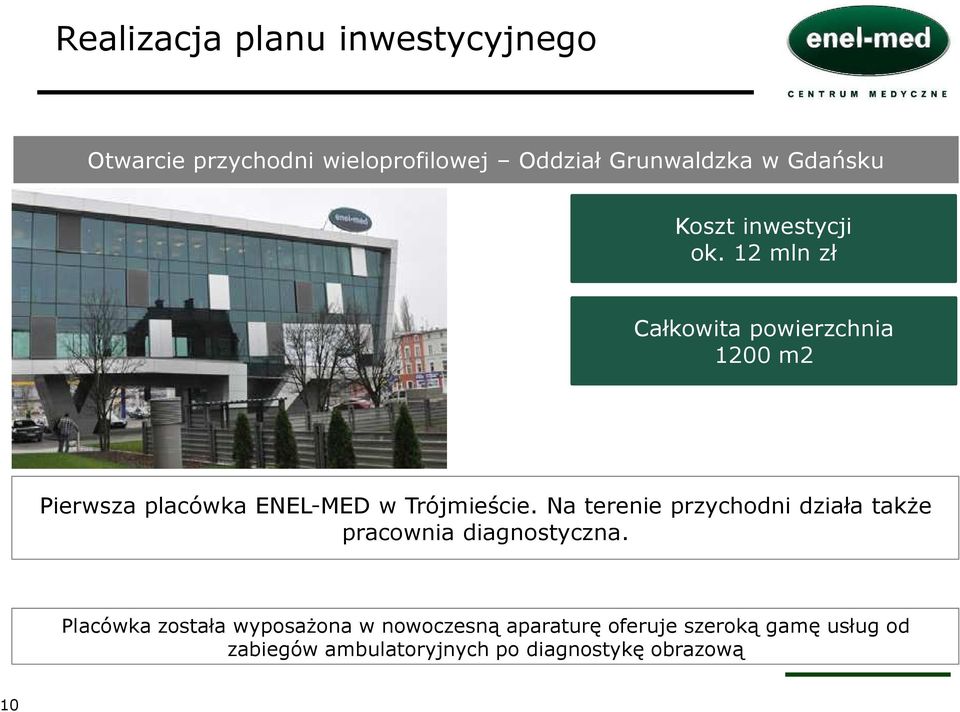 12 mln zł Całkowita powierzchnia 1200 m2 Pierwsza placówka ENEL-MED w Trójmieście.