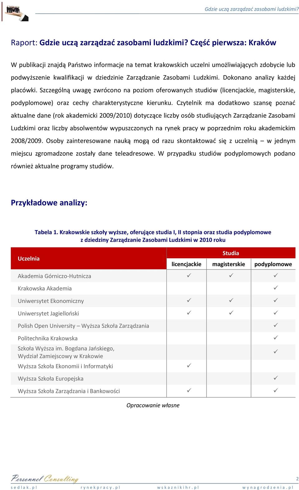 Dokonano analizy każdej placówki. Szczególną uwagę zwrócono na poziom oferowanych studiów (licencjackie, magisterskie, podyplomowe) oraz cechy charakterystyczne kierunku.