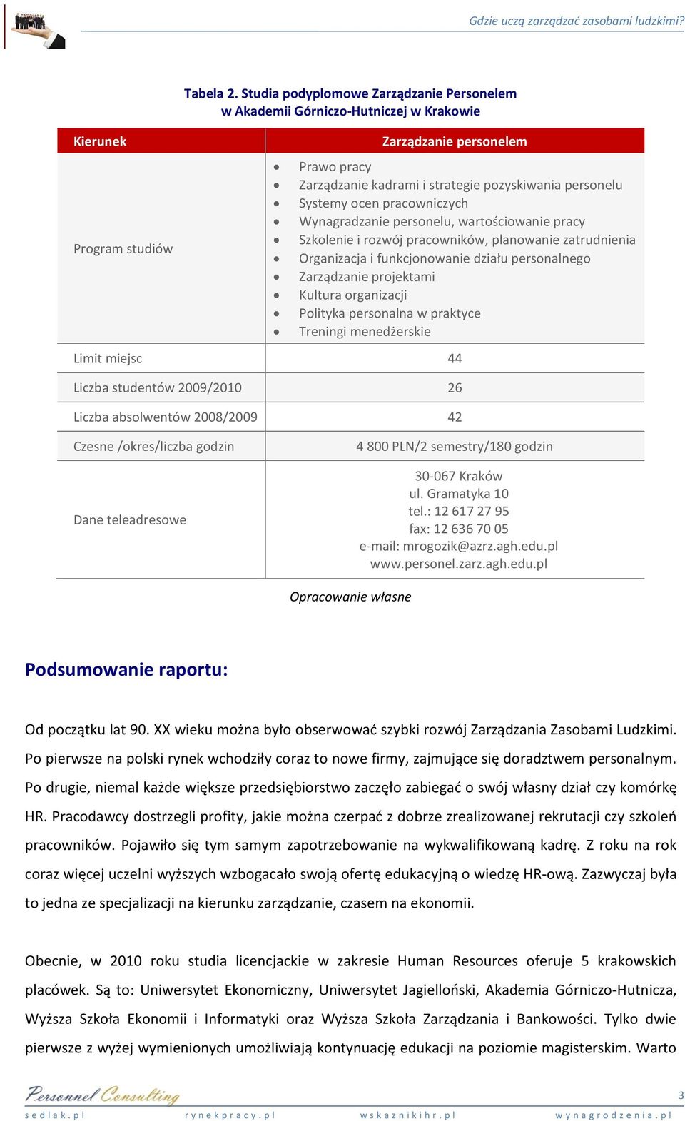 Zarządzanie kadrami i strategie pozyskiwania personelu Systemy ocen pracowniczych Wynagradzanie personelu, wartościowanie pracy Szkolenie i rozwój pracowników, planowanie zatrudnienia Organizacja i