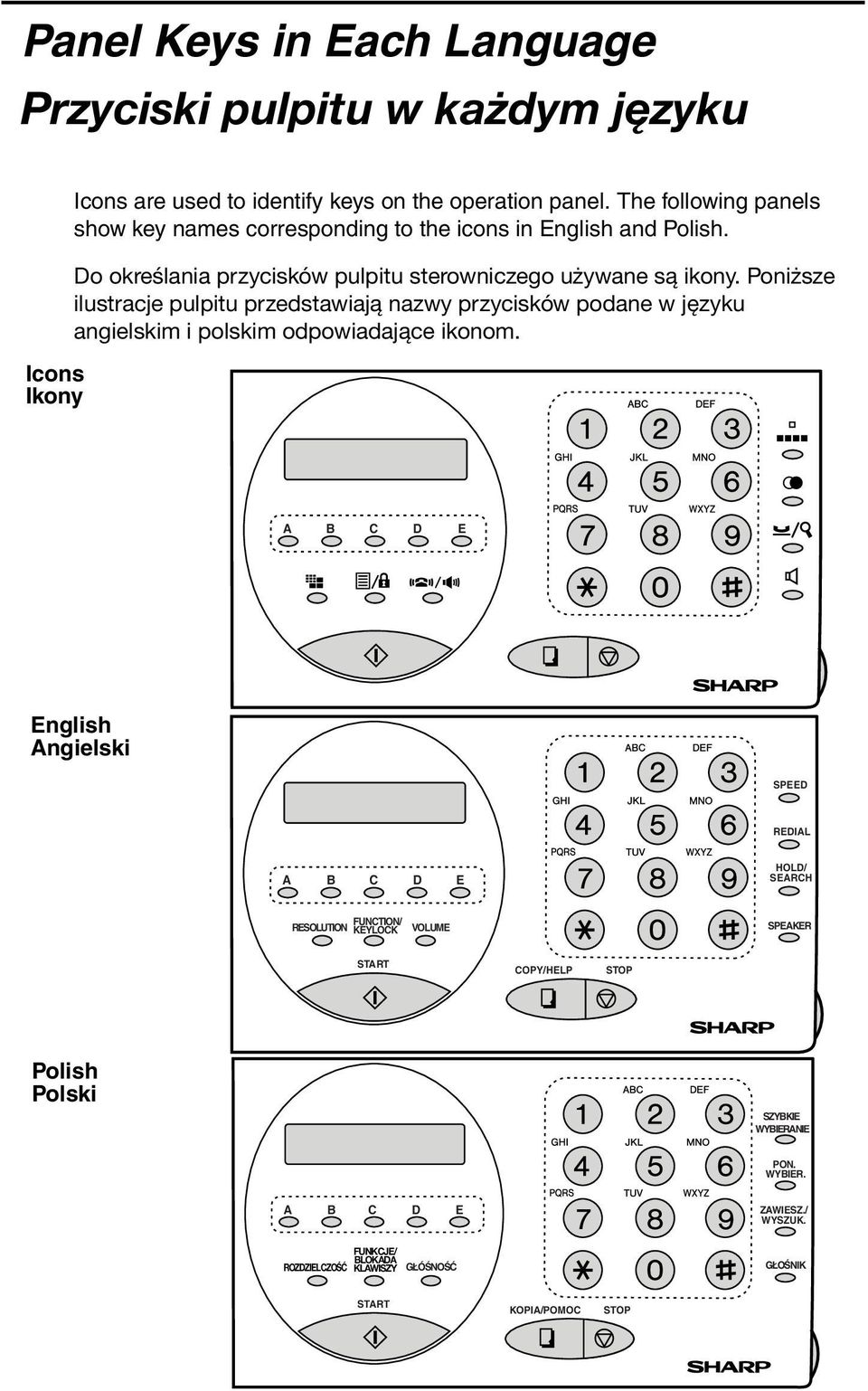 Poniższe ilustracje pulpitu przedstawiają nazwy przycisków podane w języku angielskim i polskim odpowiadające ikonom.